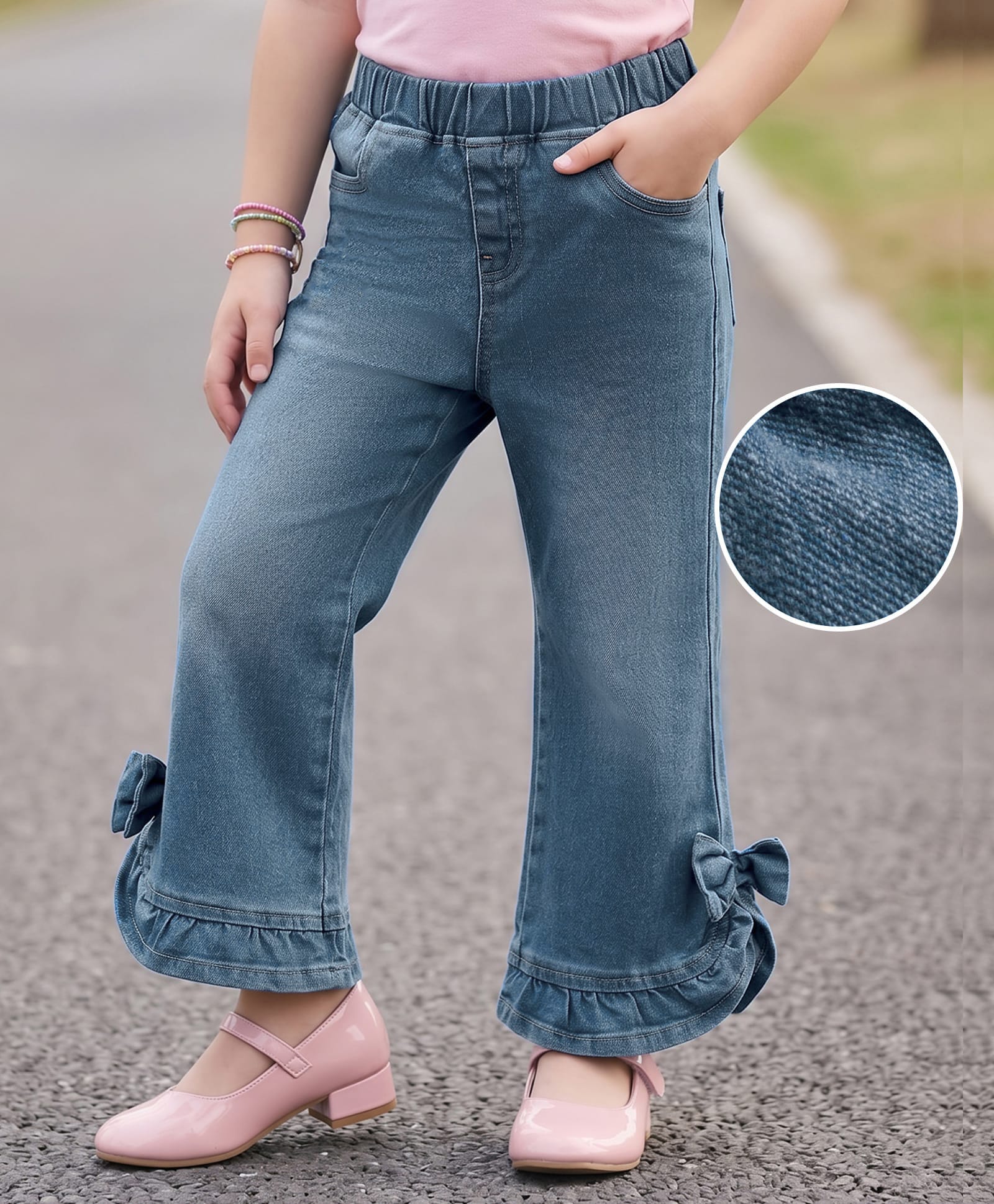 Mark & Mia Cotton Lycra Denim Full Length Washed Jeans With Bow Applique - Blue-picture-13