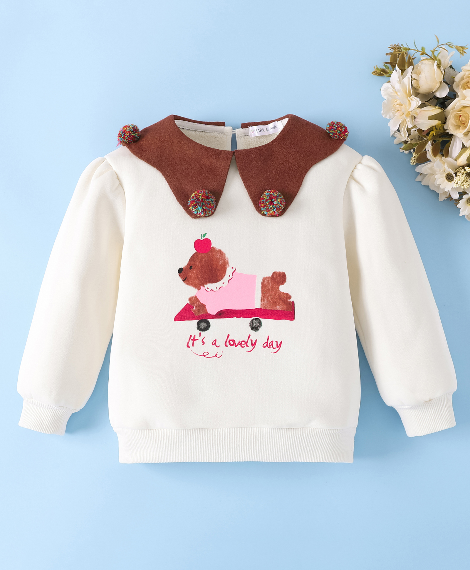Mark & Mia Full Sleeves Sweatshirt With Teddy Bear Applique & Pom Pom Applique - White-picture-13