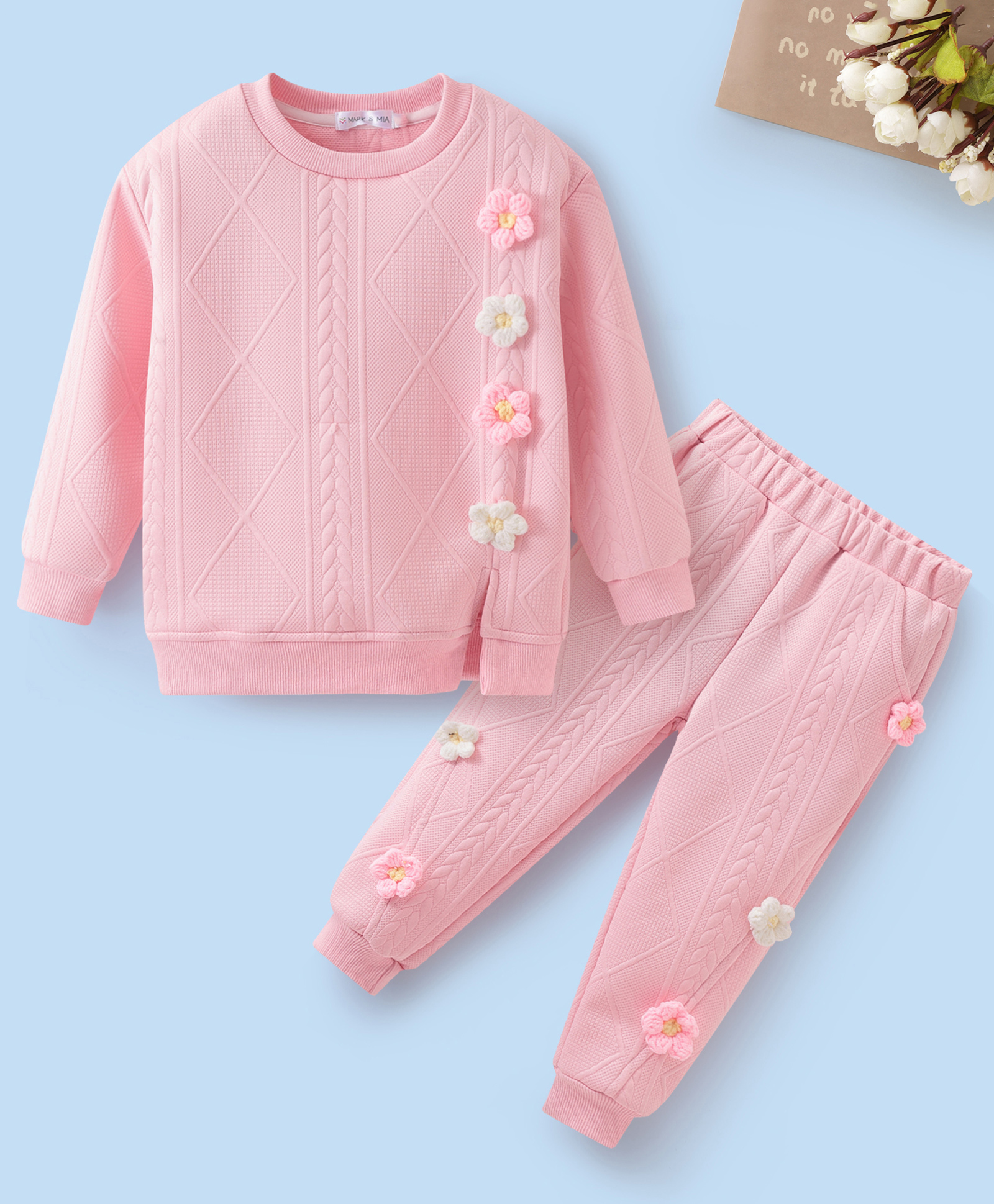 Mark & Mia Full Sleeves Winter Wear T-Shirt & Joggers Set with Floral Applique Detailing - Pink-image-21