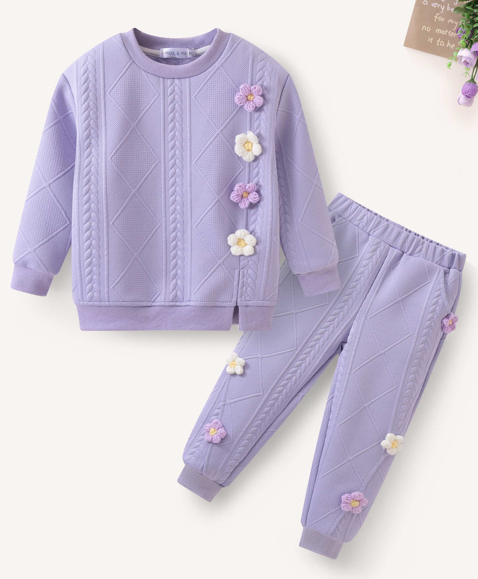 Mark & Mia Full Sleeves Winter Wear T-Shirt & Joggers Set with Floral Applique Detailing - Lavender-image-12