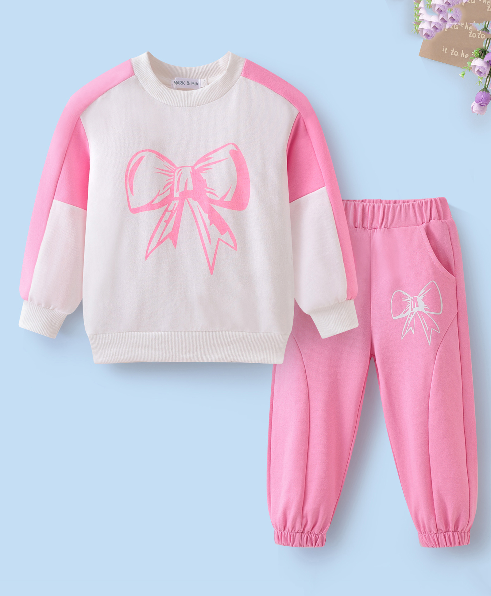 Mark & Mia Cotton Full Drop Shoulder Sleeves Top & Joggers Set With Bow Print - Light Pink & White-image-27
