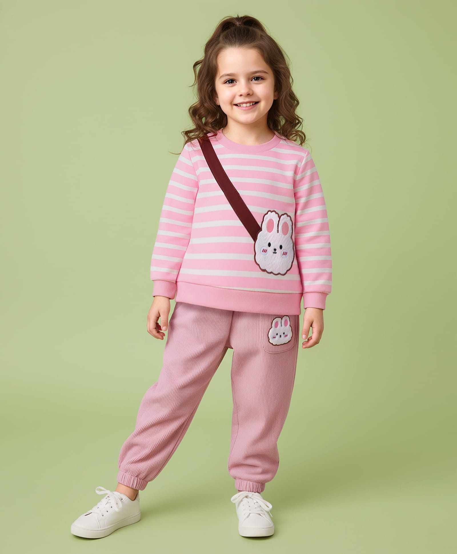 Mark & Mia Cotton Full Sleeves Winter Wear T-Shirt & Lounge Pant Set With Stripes & Animal Embriodery - Pink