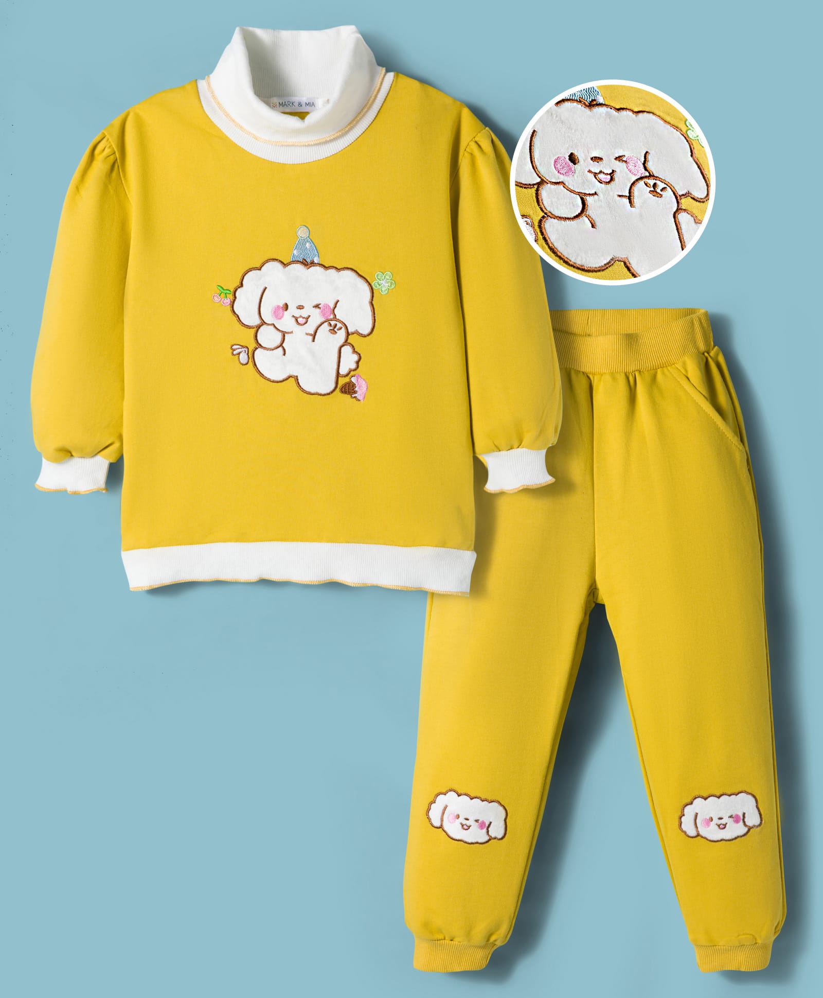 Mark & Mia Full Sleeves Top & Joggers Set with Doggie Embroidery Patch - Yellow & White-image-14