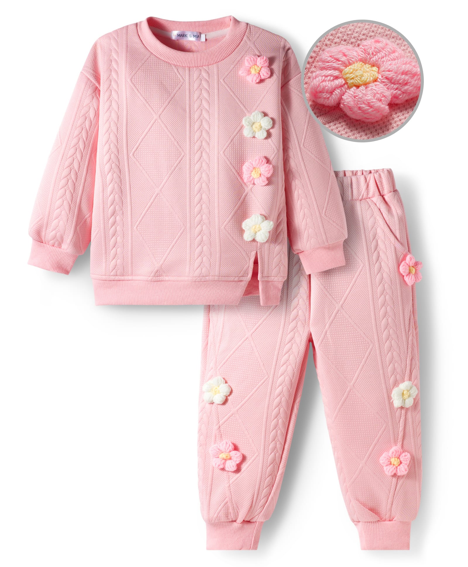 Mark & Mia Full Sleeves Winter Wear T-Shirt & Joggers Set With Floral Applique - Pink-image-15