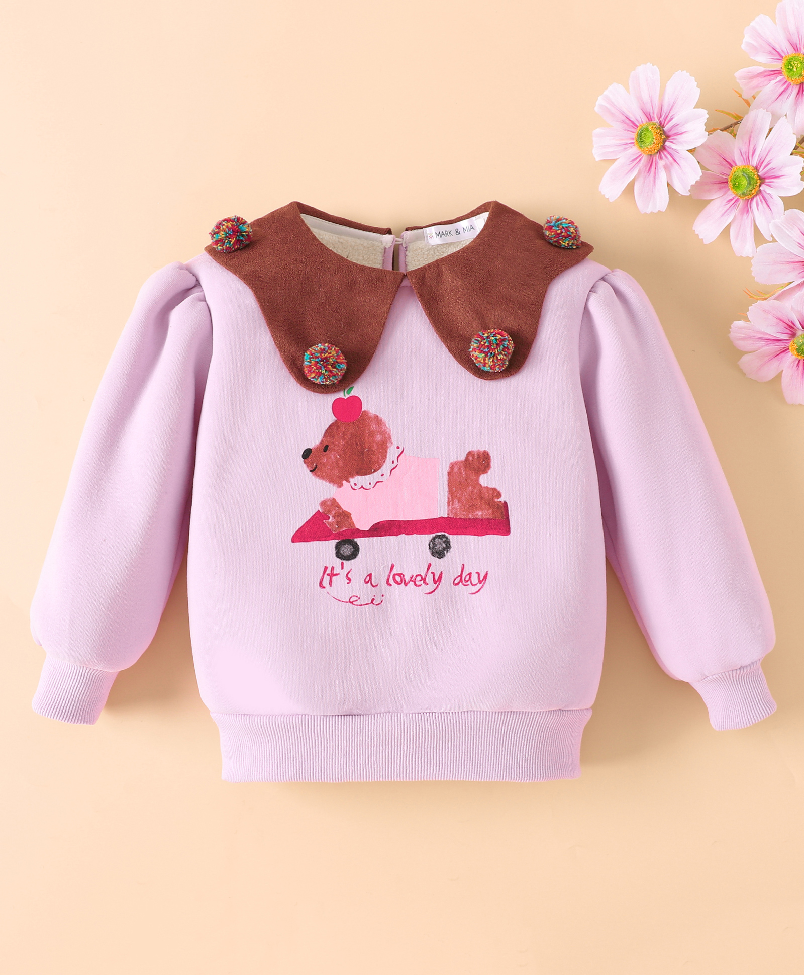Mark & Mia Full Sleeves Sweatshirt With Mock Collar Detailing & Pom Pom Applique - Lavender-image-28