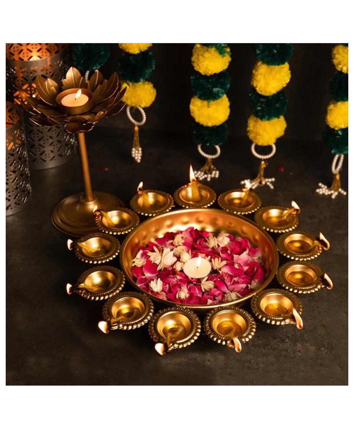 The Advitya Medium Metal Urli with Diya | Decorative Bowl for Home and Festive Decor-picture-10
