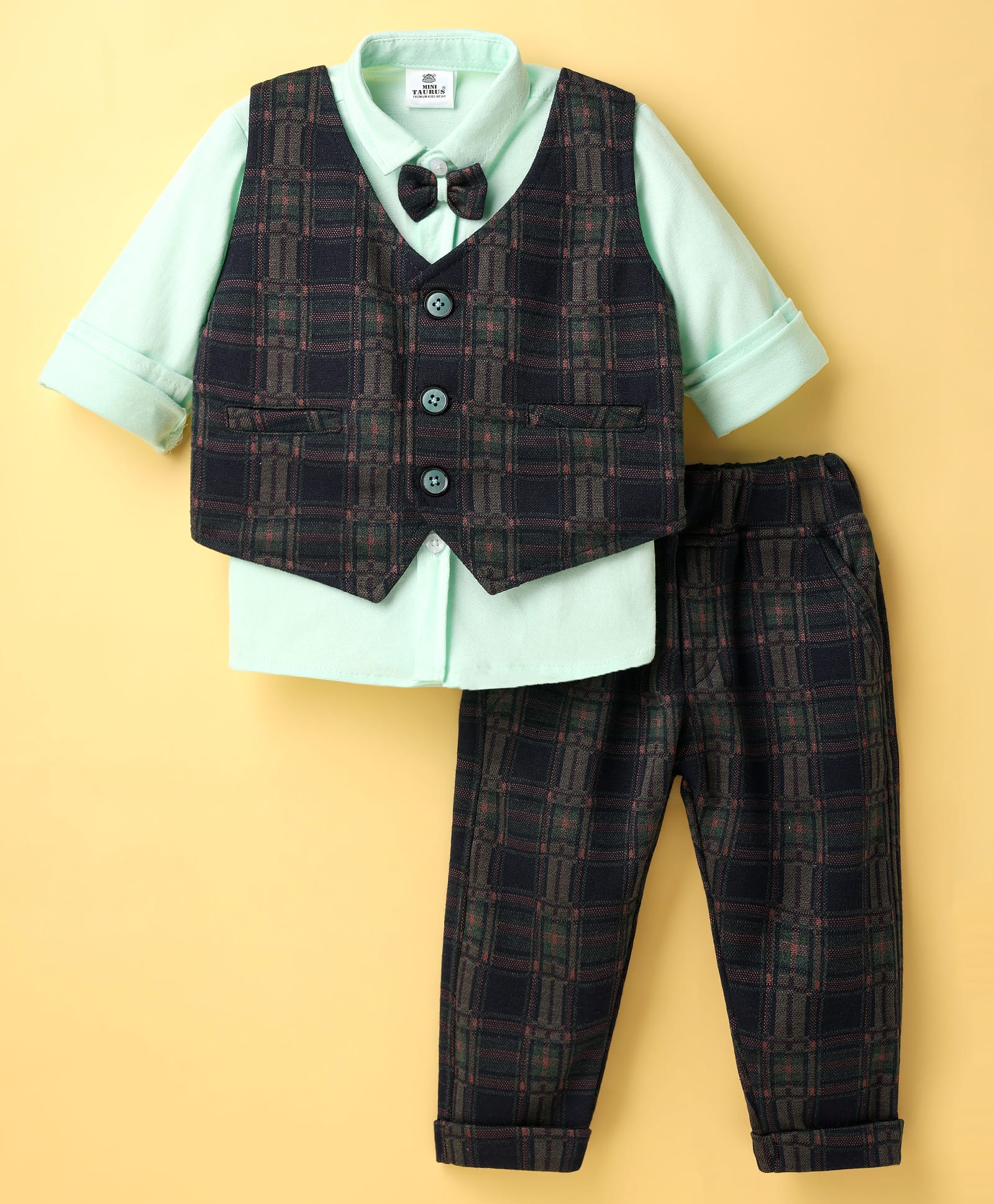 Mini Taurus 100% Cotton Full Sleeves 3 Piece Party Wear With Checks Design & Bow Applique - Light Green-image-0