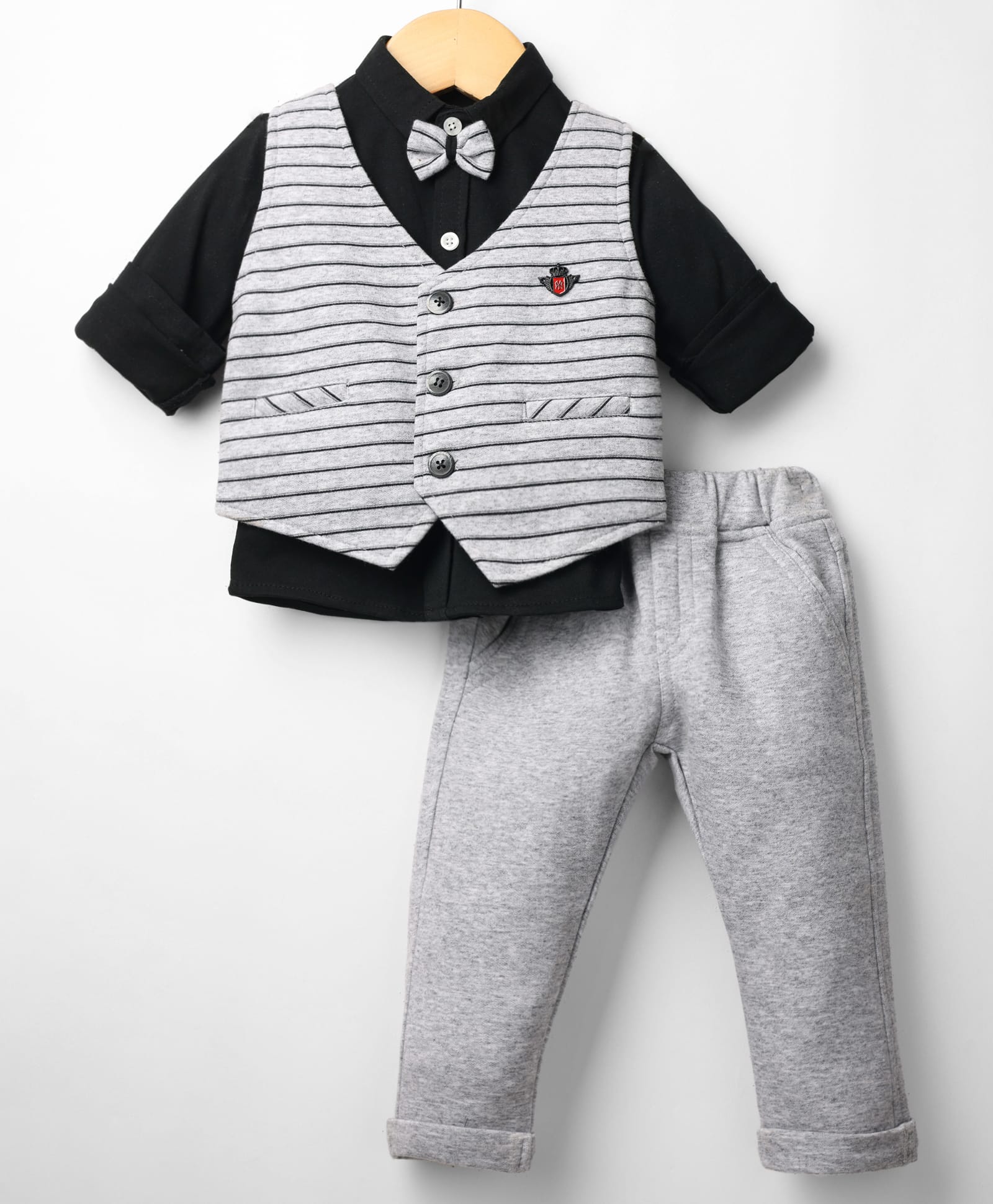 Mini Taurus 100% Cotton Full Sleeves 3 Piece Party Wear With Stripes & Bow Applique - Grey-image-1