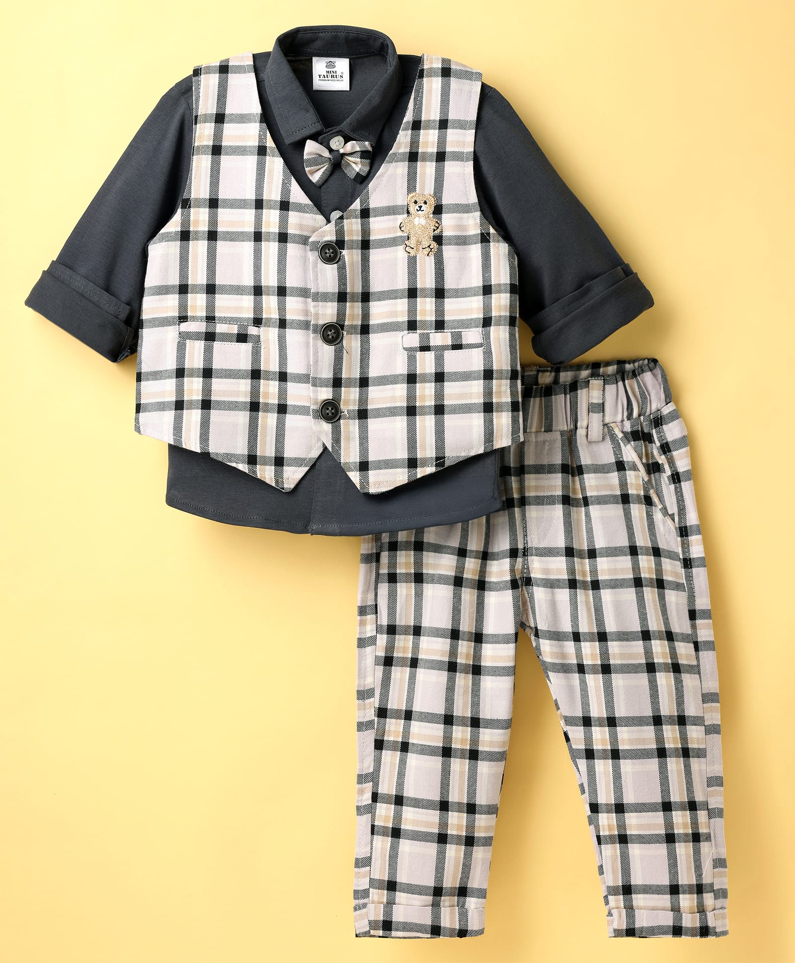 Mini Taurus 100% Cotton Full Sleeves 3 Piece Party Wear With Checks Design & Bow Applique - Charcoal Grey-image-3