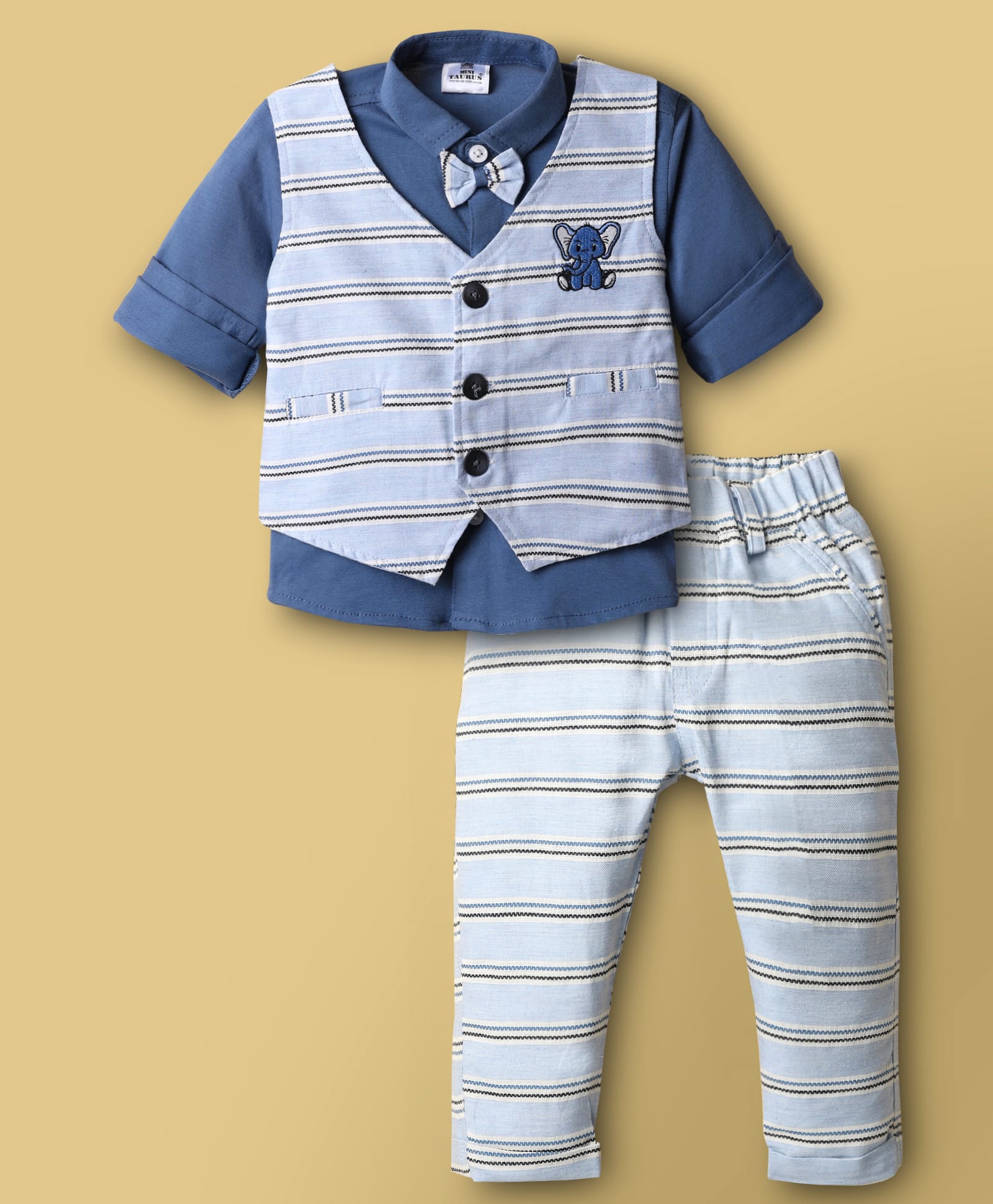 Mini Taurus Sinker Knit Full Sleeves 3 Piece Partywear Suit With Bow Applique - Royal Blue-image-26