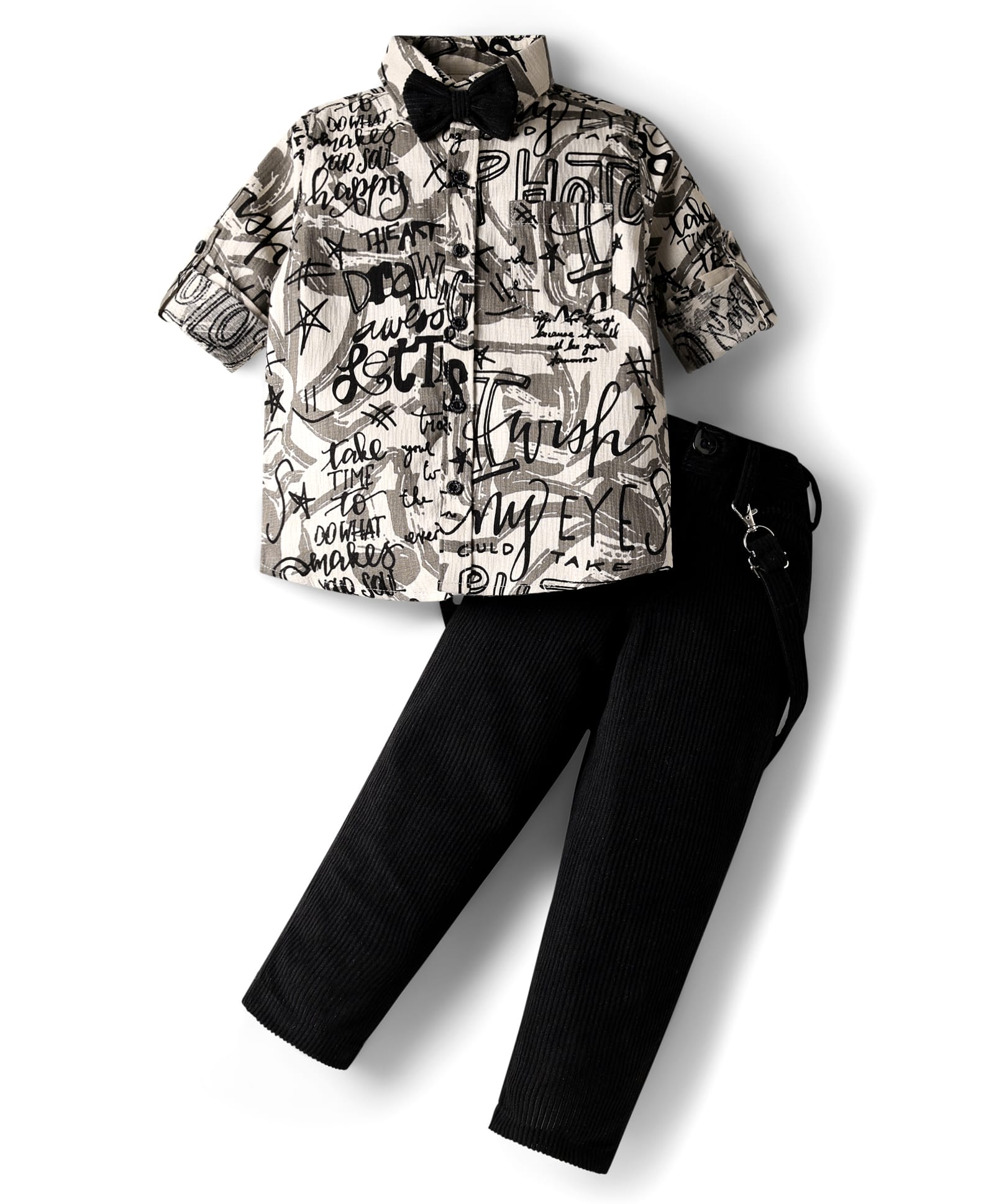 Rikidoos Full Sleeves Typography Printed Shirt & Pant With Bow & Suspender Set - Fawn & Black-picture-16