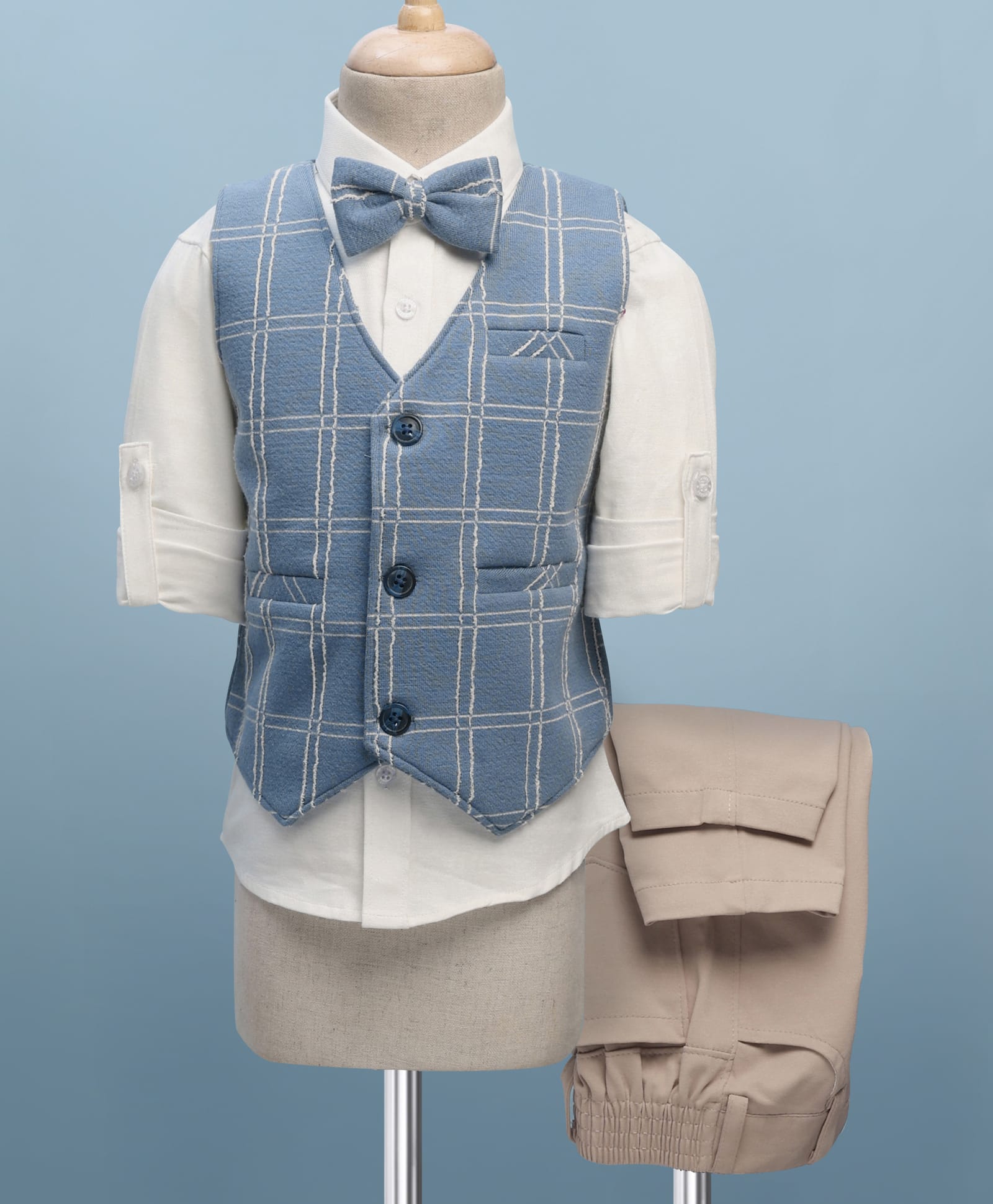 Rikidoos Cotton Woven Full Sleeves Checked 3 Piece Party Suit Set With Bow - White & Light Blue-image-13