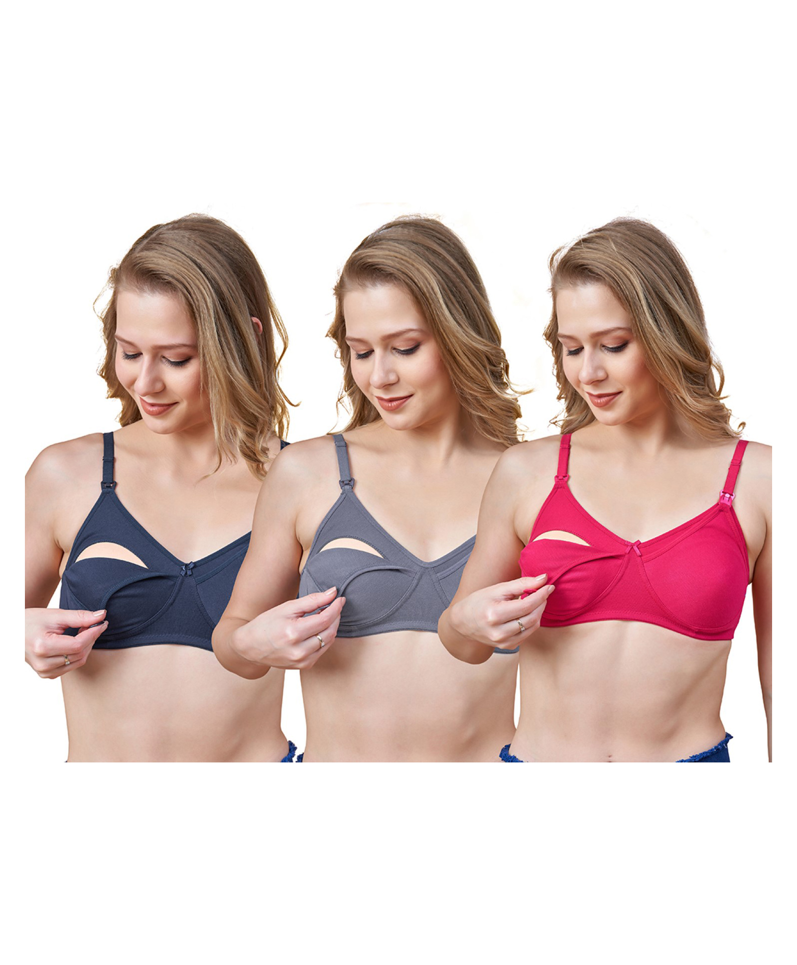 Lovely Mom's Cotton Lycra Knit Pack Of 3 Solid Non Padded Maternity Bras With Nursing Access - Multi Colour-image-12