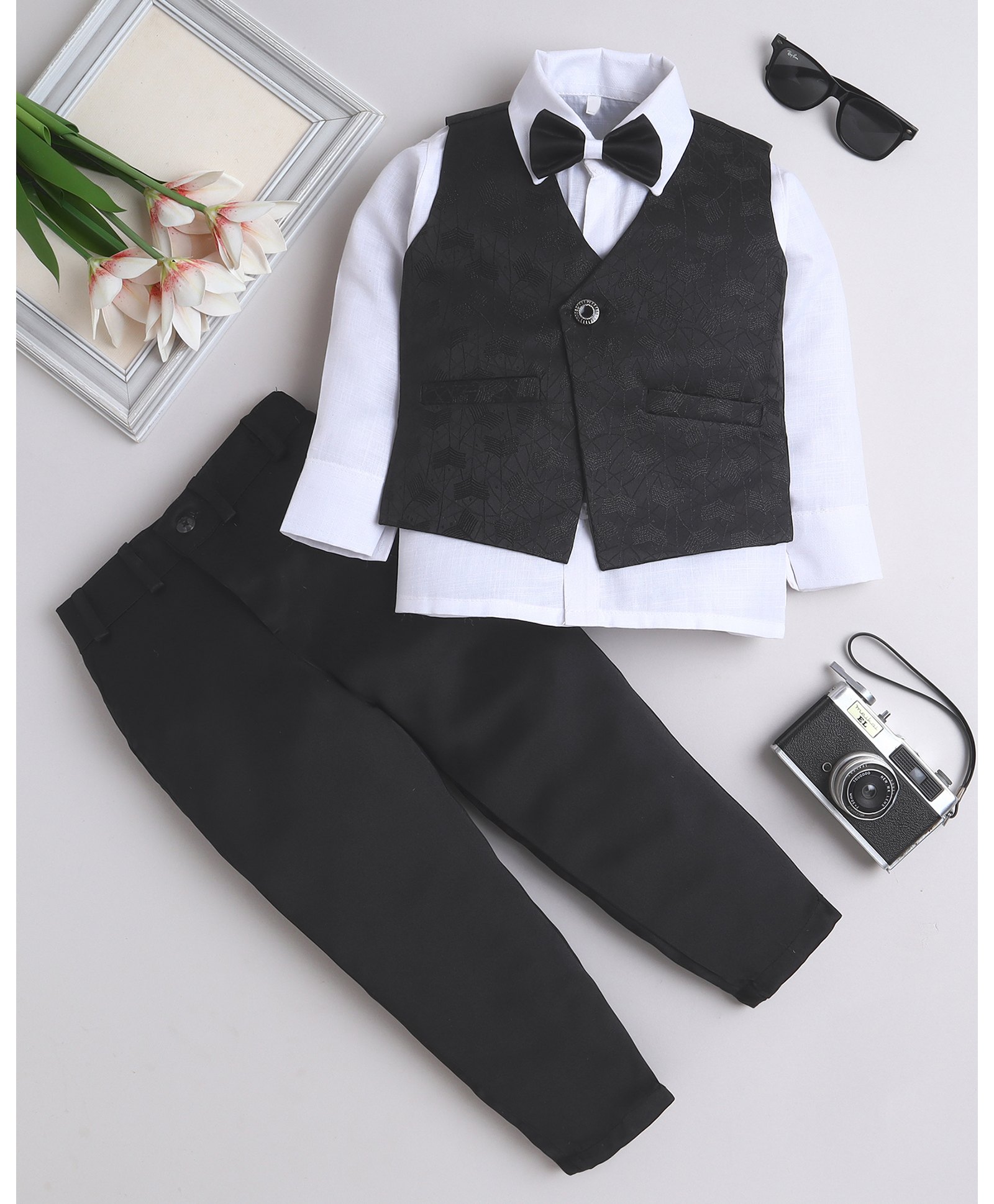 Fourfolds Satin Woven Full Sleeves Textured 3 Piece Party Suit With Bow Set - Black-picture-25