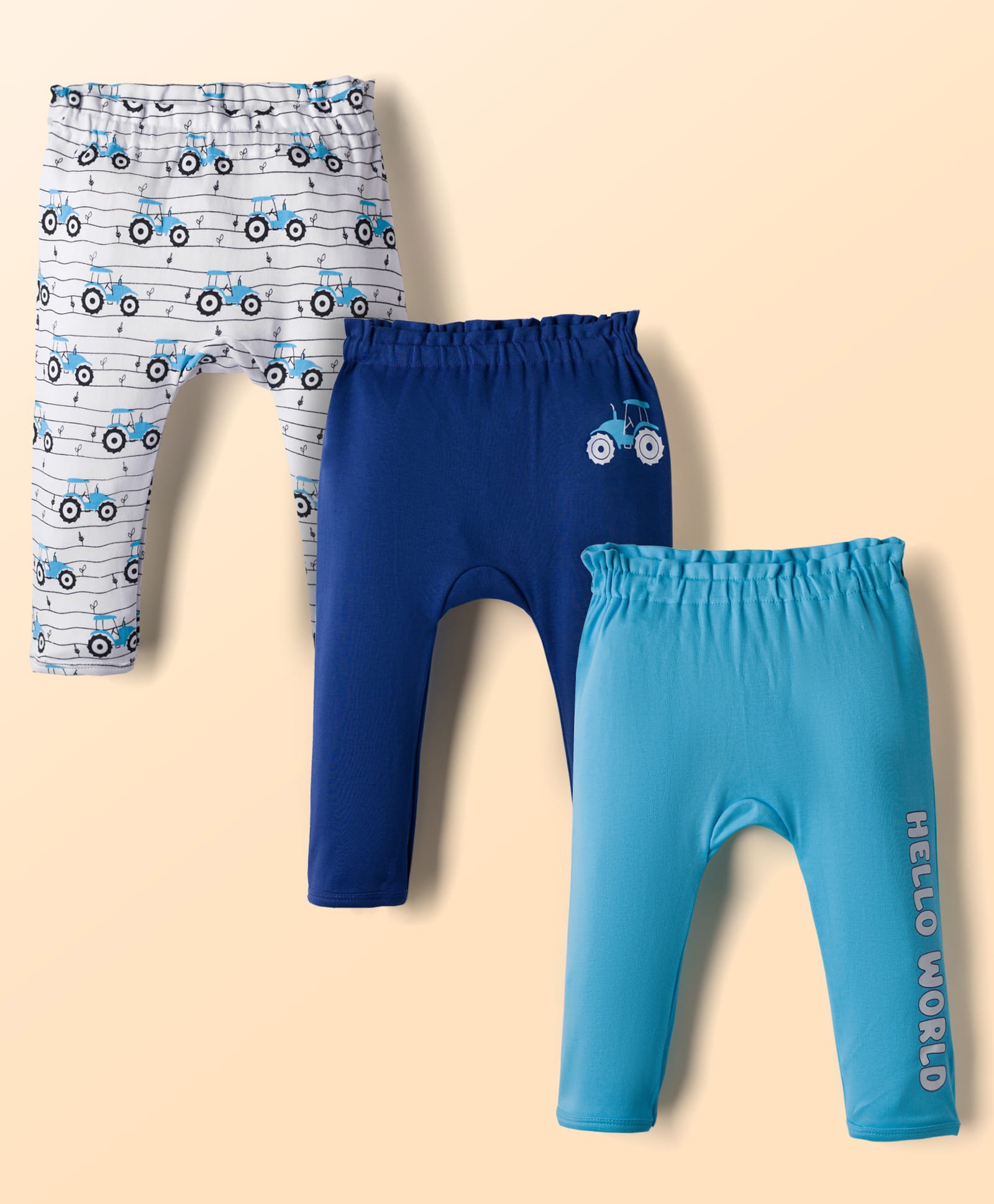 Doodle Poodle 100% Cotton Knit Full Length Diaper Leggings With Stripes & Vehicle Print Pack of 3- Blue & Navy Blue-image-23