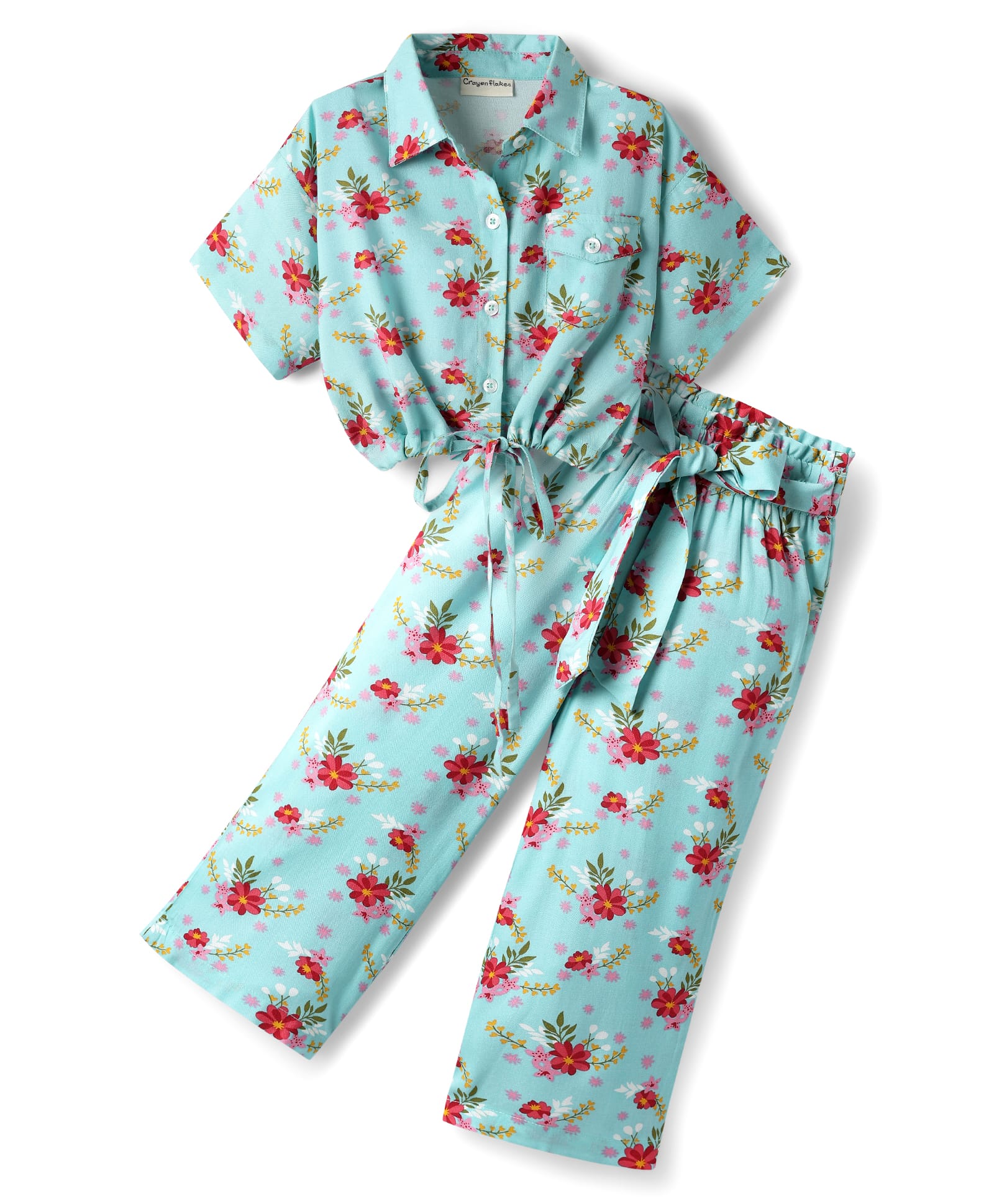 CrayonFlakes Rayon Woven Half Sleeves Floral Printed Shirt Style Crop Top & Coordinating Palazzo Set - Blue-picture-38
