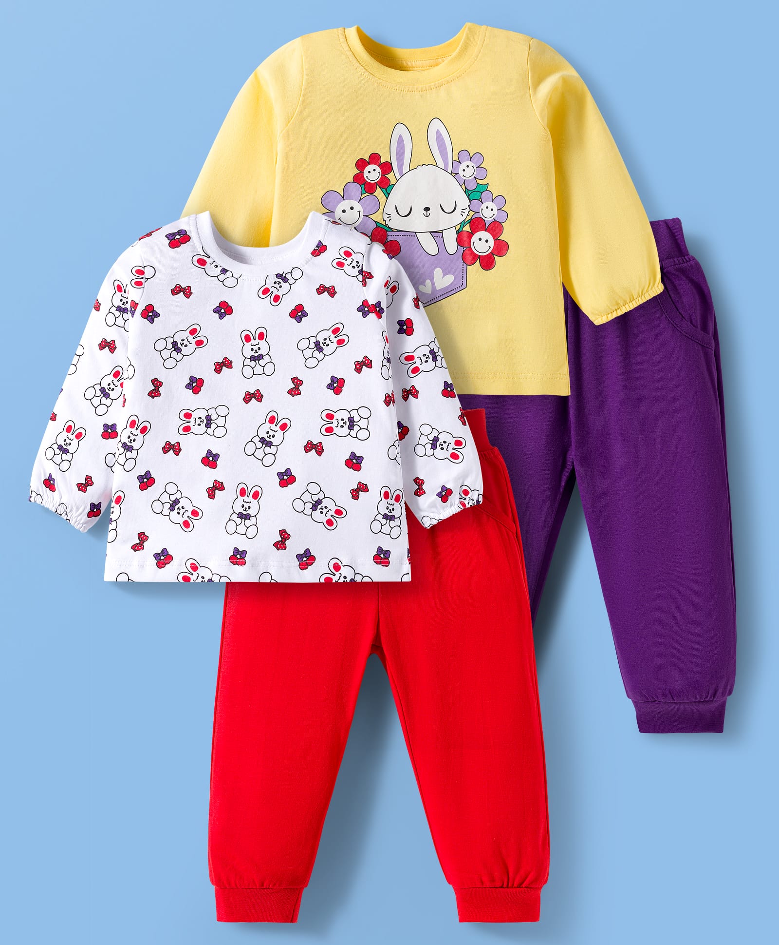 Doodle Poodle 100% Cotton Knit Full Sleeves Top & Joggers Set With Bunny Print & Bow Applique Pack of 2 - Red Purple & Yellow-image-37