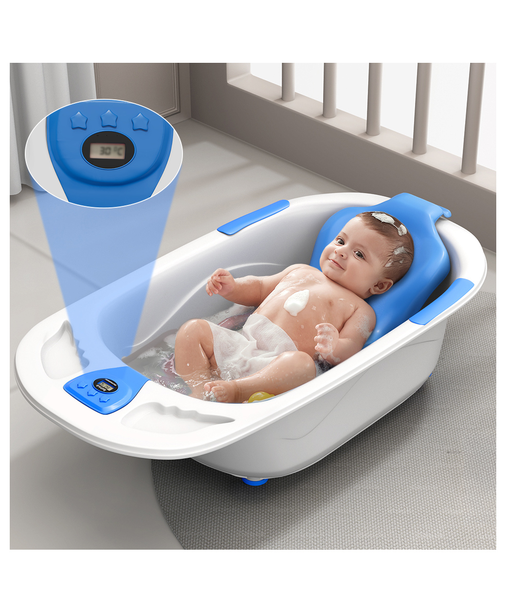 StarAndDaisy Baby Bath Tub Newborn Baby Bath Tub with Temperatures Sensior & Baby Bath Seat, Antislip Baby Bath Tub with Bath Chair, White