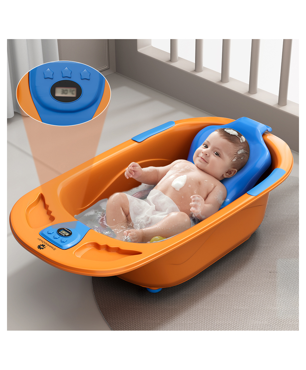 StarAndDaisy Baby Bath Tub Newborn Baby Bath Tub with Temperatures Sensior & Baby Bath Seat, Antislip Baby Bath Tub with Bath Chair, Brown