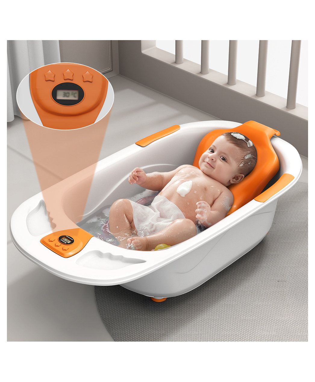 StarAndDaisy Baby Bath Tub Newborn Baby Bath Tub with Temperatures Sensior & Baby Bath Seat, Antislip Baby Bath Tub with Bath Chair, Orange