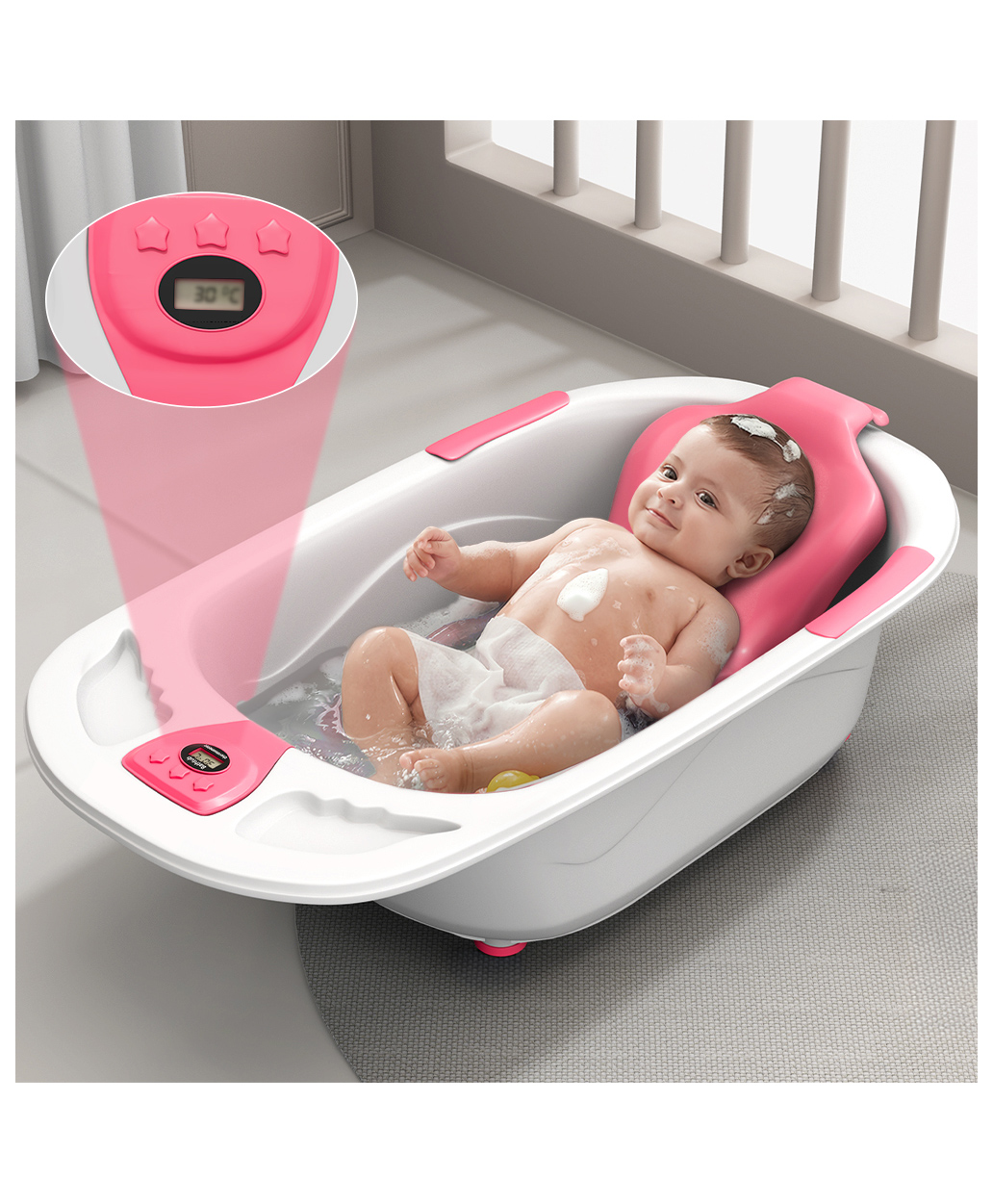 StarAndDaisy Baby Bath Tub Newborn Baby Bath Tub with Temperatures Sensior & Baby Bath Seat, Antislip Baby Bath Tub with Bath Chair, Pink