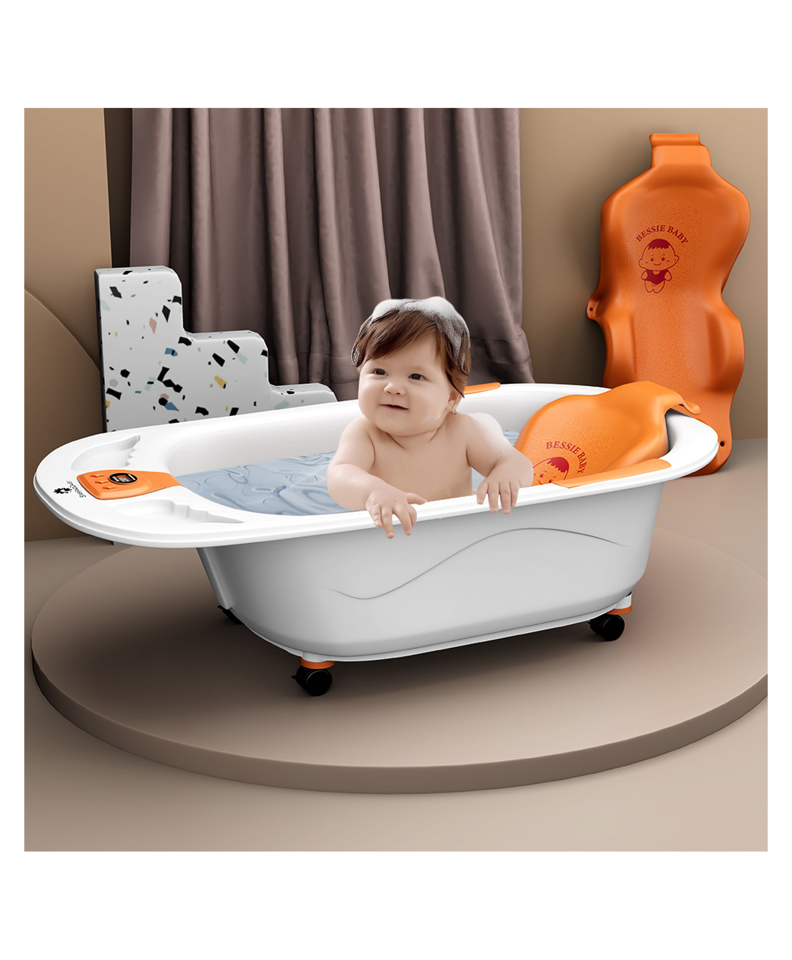 StarAndDaisy Baby Bath Tub with Temperature Sensor for New Born Baby of 0 to 3 Years Anti-Slip, Baby Bather with Wheel, Orange-picture-24