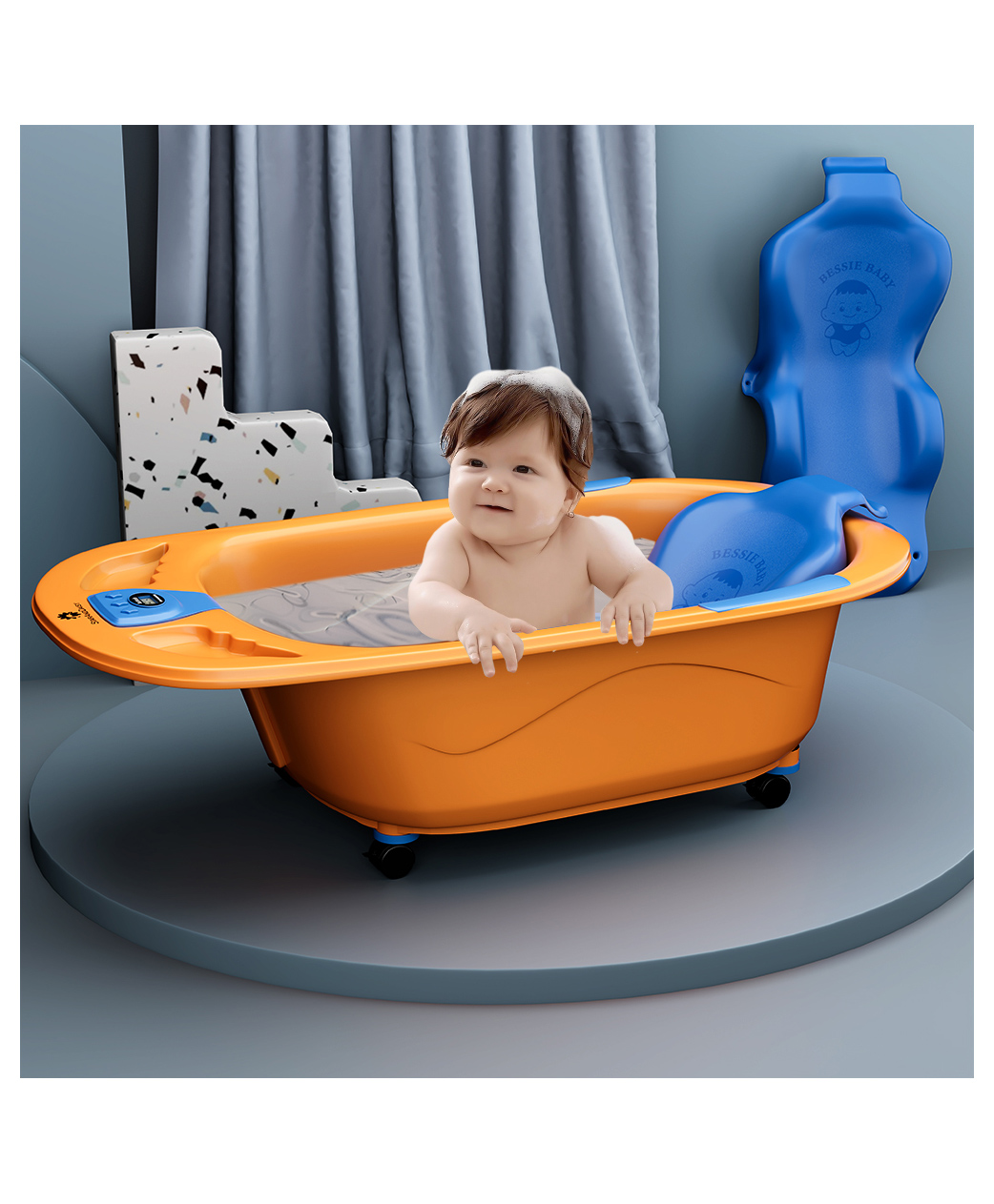 StarAndDaisy Baby Bath tub with Wheels Temperature Sensor for Kids with Anti-Slip Lockable Wheel Bathtub for Baby with Seat, Blue-picture-22