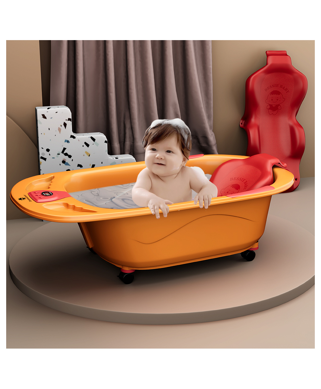 StarAndDaisy Baby Bath tub with Wheels Temperature Sensor for Kids with Anti-Slip Lockable Wheel Bathtub for Baby with Seat, Red-picture-21