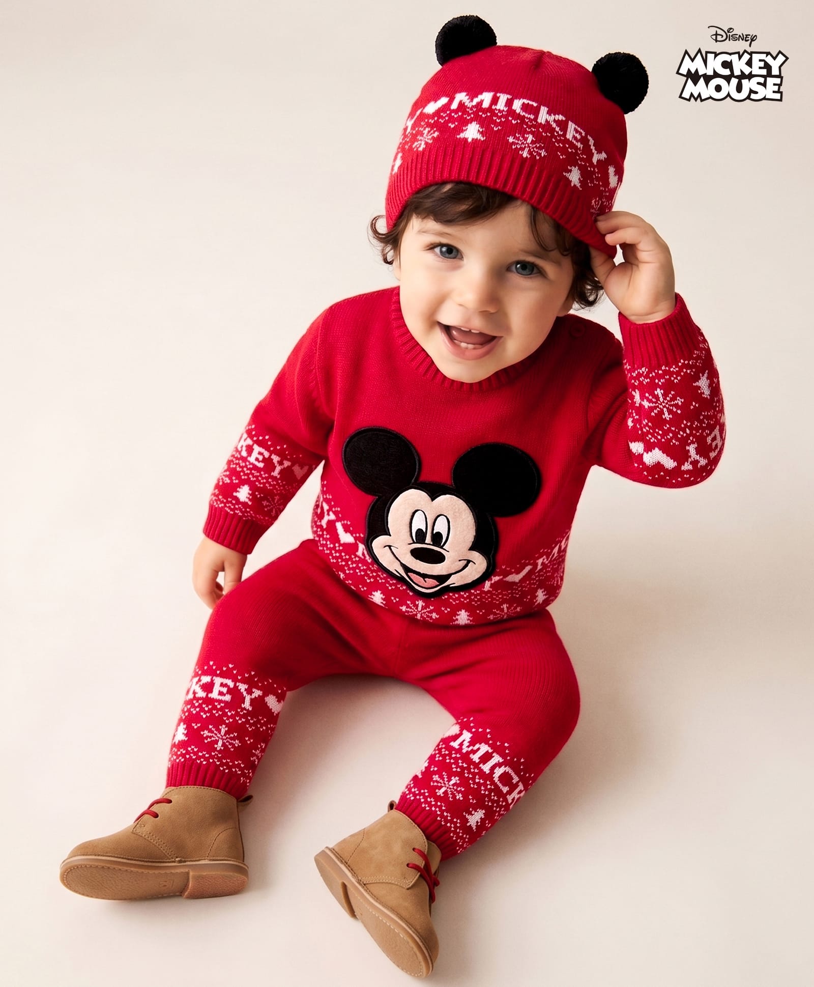 Babyhug Disney Woven Full Sleeves Sweater Set With Mickey Mouse Graphics & Cap - Red-picture-26
