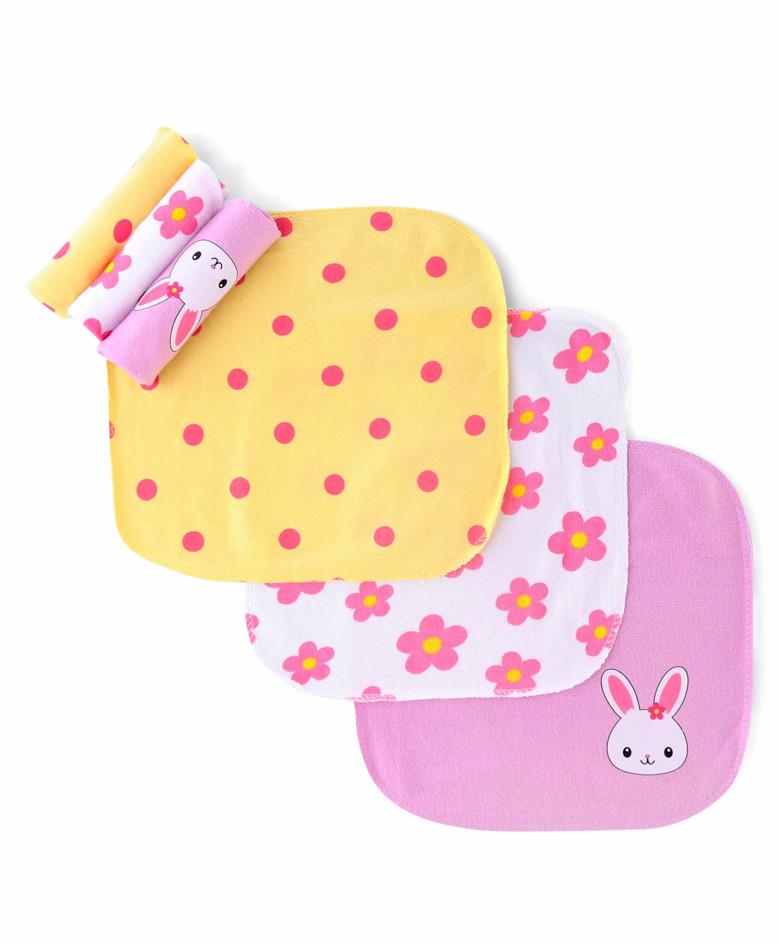 Babyhug Cotton Knit Hand & Face Towel With Floral Print Pack Of 6 L 23 x B 23 cm - Multicolour-image-33