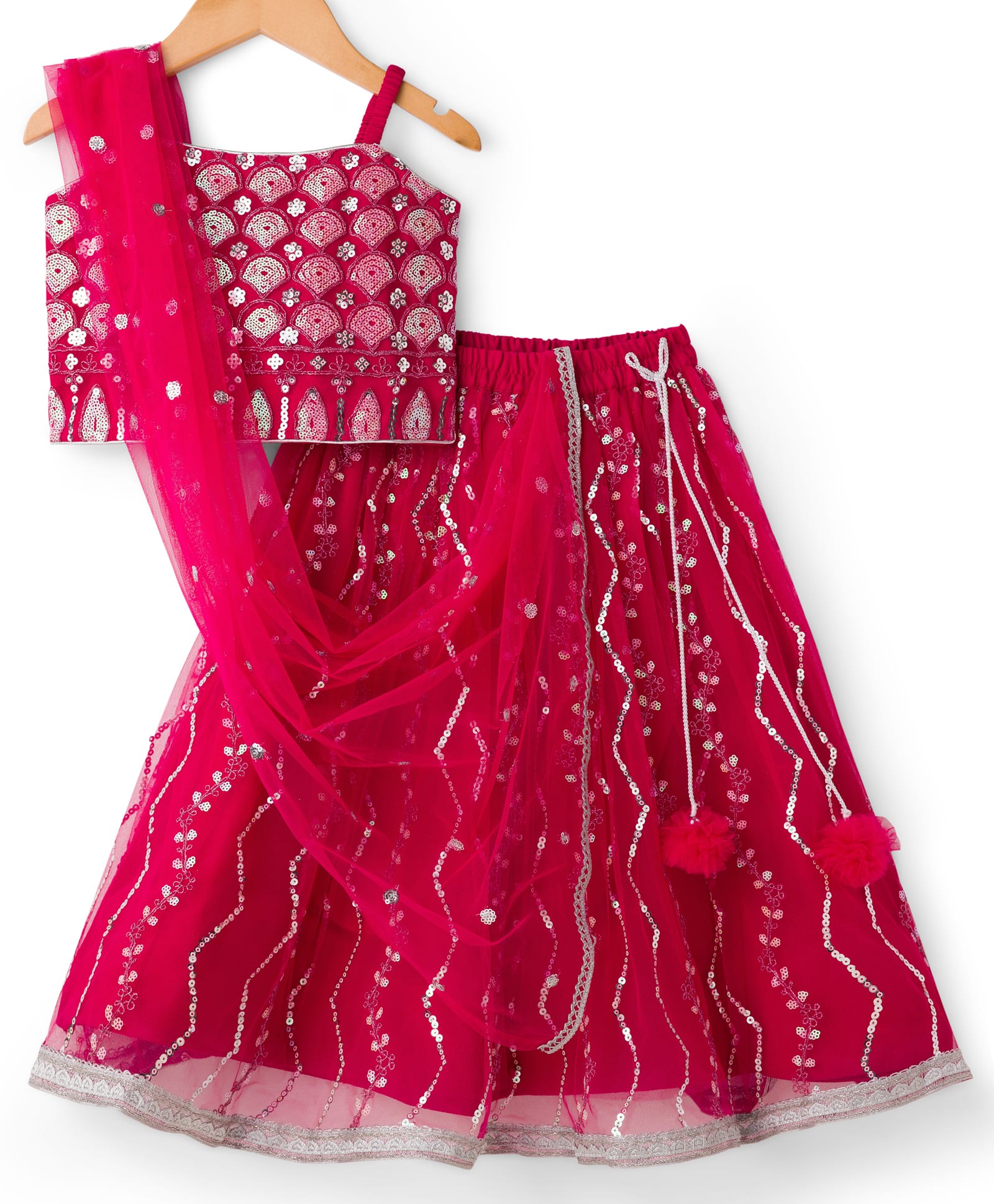 Babyhug Net Woven Sleeveless Choli Lehenga & Dupatta Set with Sequence Embroidery - Fuchsia-image-18