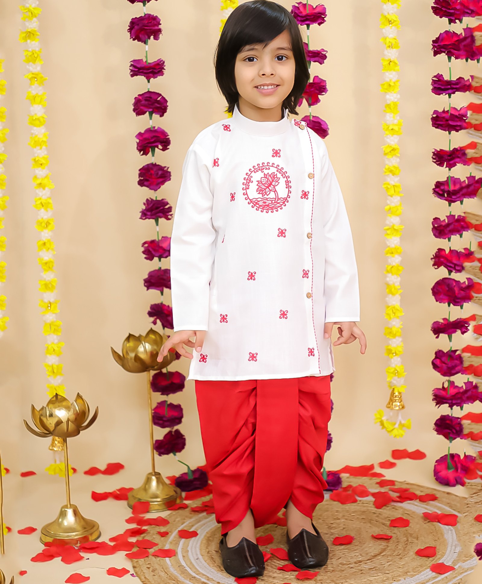 BownBee Cotton Woven Full Sleeves Floral Embroidered Dhoti Kurta Set - White-picture-15