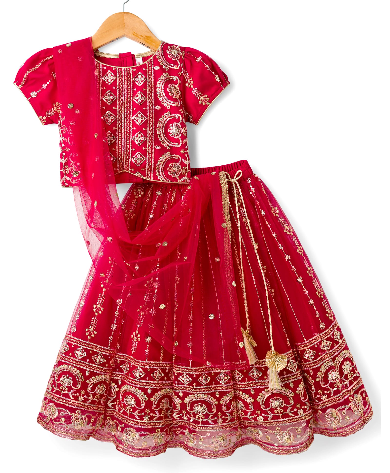 Babyhug Woven Half Sleeves Floral Embroidered Choli Lehenga & Dupatta Set - Maroon-image-5