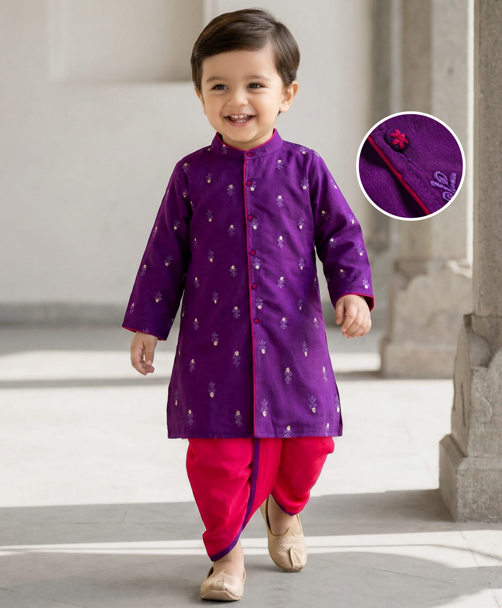 Babyhug Chanderi Woven Full Sleeves Kurta Pajama Set With Floral Embriodery - Purple