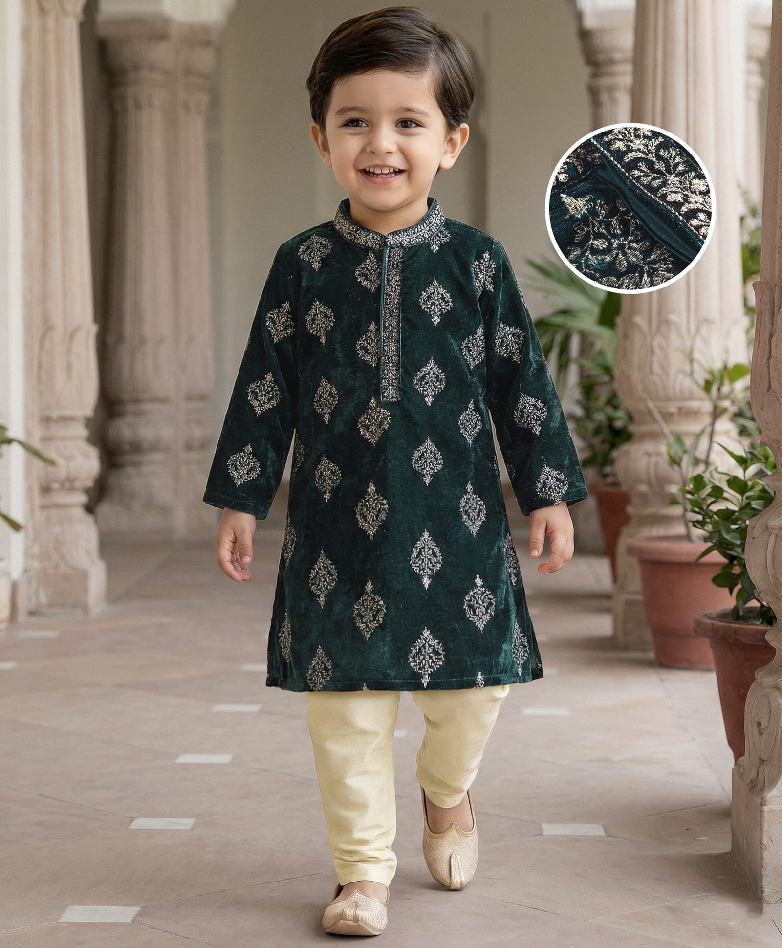 Babyhug Velvet Woven Full Sleeves Kurta Pyjama Set with Floral Embroidery - Dark Green-image-13