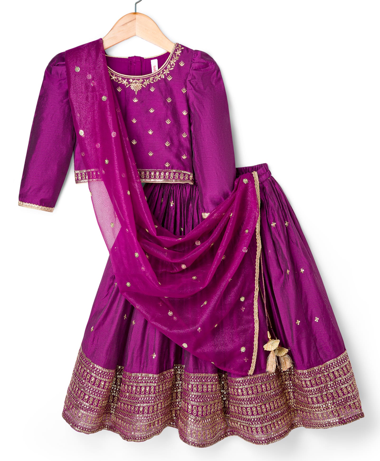 Babyhug Woven Three Fourth Sleeves Choli Lehenga & Dupatta Set With Floral Embroidery - Wine-image-45