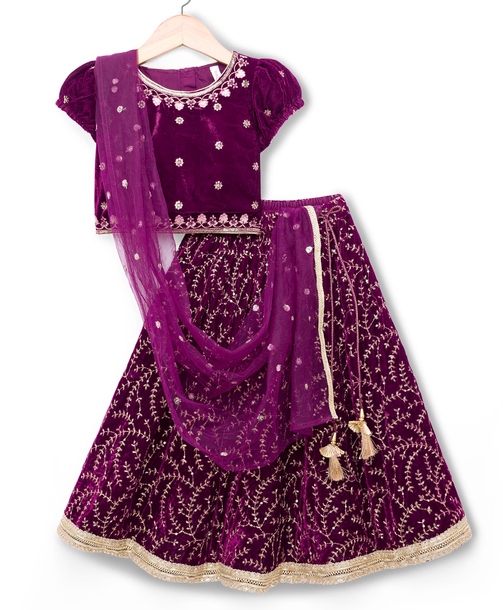 Babyhug Velvet Woven Short Sleeves Floral Embroidered Choli Lahenga Set with Dupatta - Wine-image-49