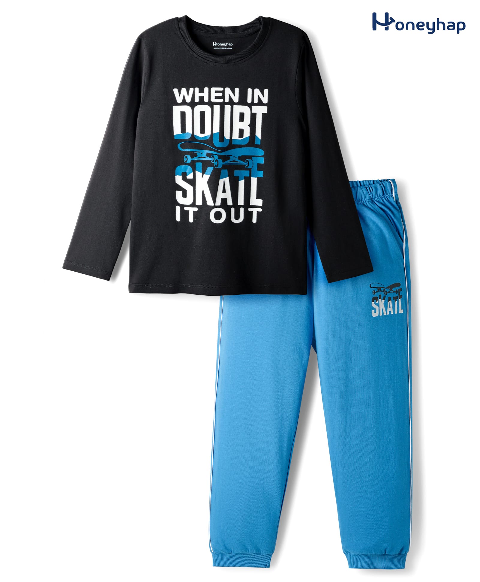 Honeyhap 100% Cotton Full Sleeves Text Printed Night Suit With Bio Finish - Black Beauty & Brilliant Blue-image-24
