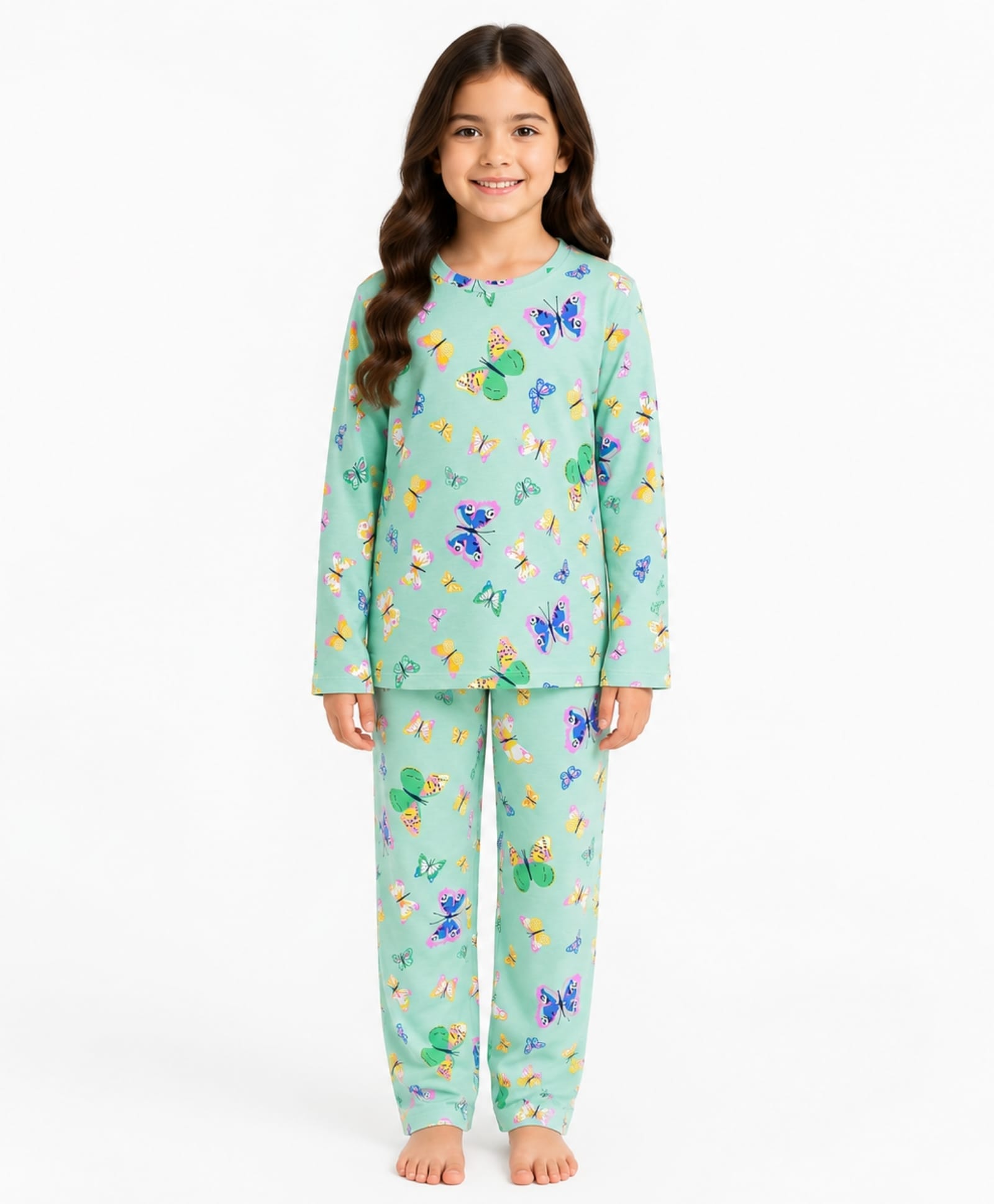 Anthrilo 100% Organic Cotton Knit Full Sleeves Butterfly Printed Coordinating Night Suit Set - Green-picture-0