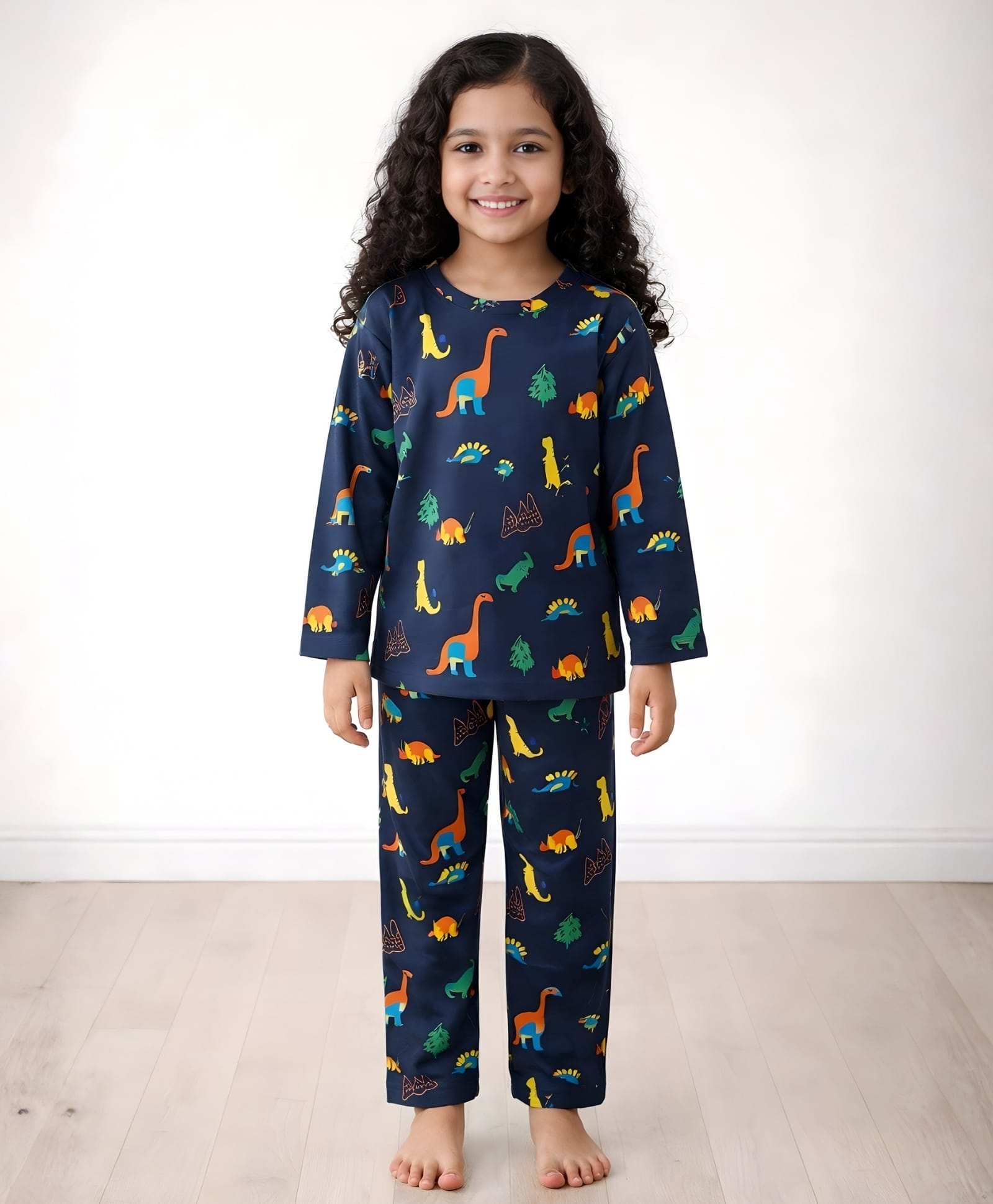 Anthrilo 100% Organic Cotton Knit Full Sleeves Dinosaur Printed Coordinating Night Suit Set - Navy Blue-picture-1