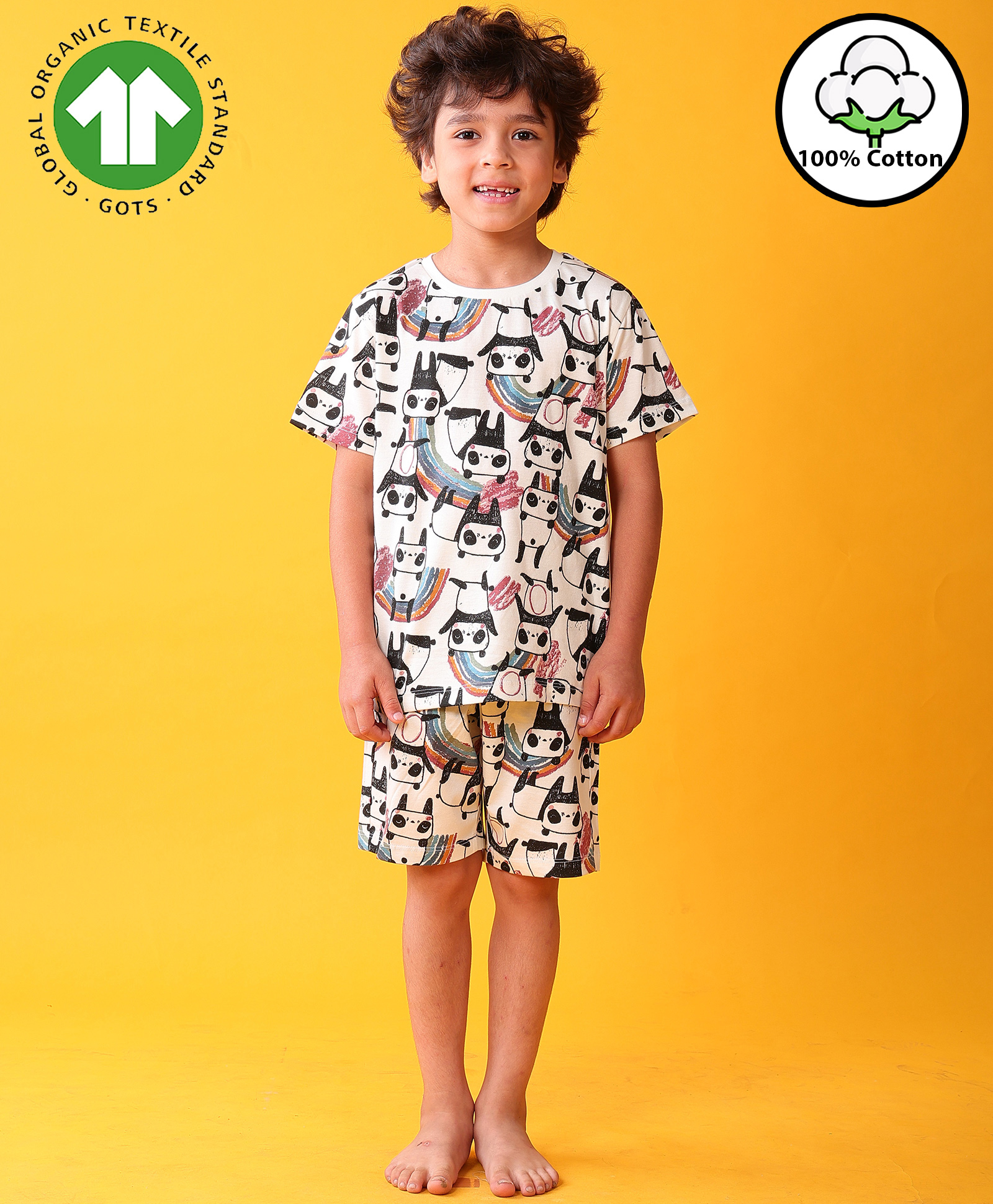 Anthrilo 100% Cotton Knit Half Sleeves Panda Printed Tee & Coordinating Shorts Set - White-picture-7