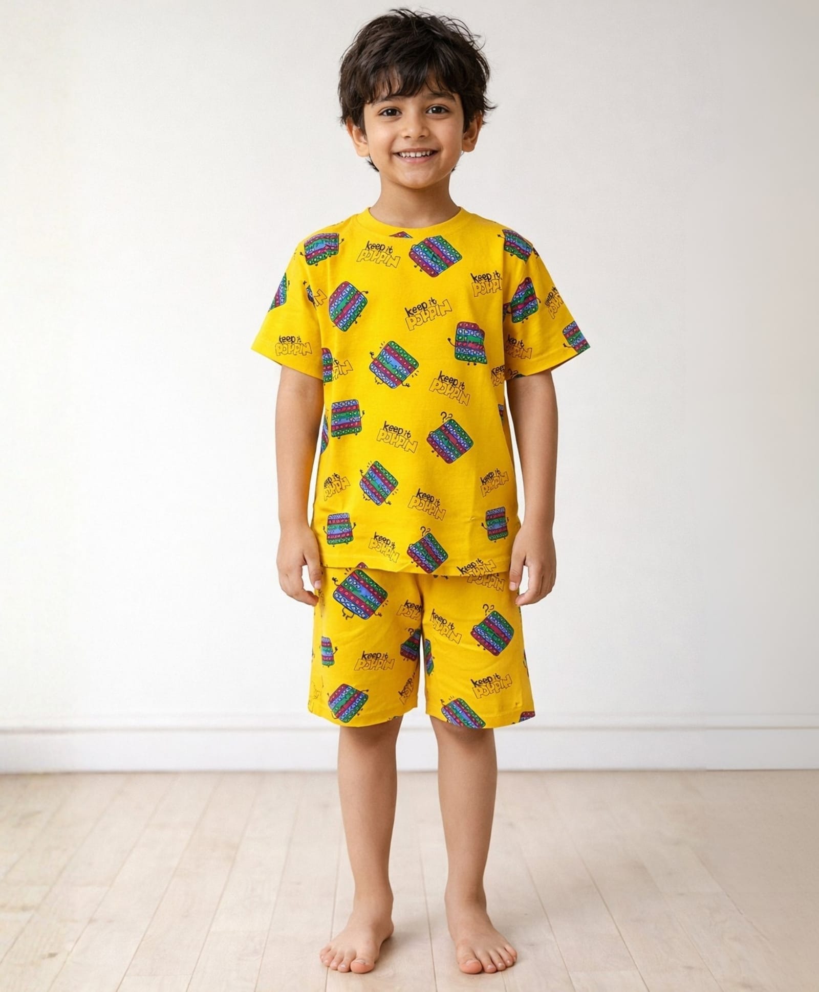 Anthrilo 100% Organic Cotton Knit Half Sleeves Pop It Printed Tee & Coordinating Shorts Set - Yellow-picture-26