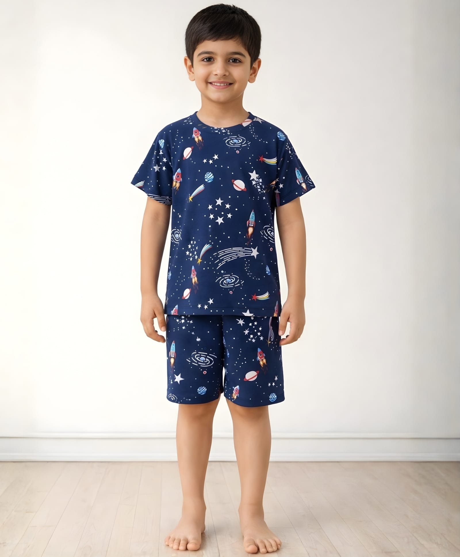 Anthrilo 100% Organic Cotton Knit Half Sleeves Space Theme Printed Tee & Coordinating Shorts Set - Navy Blue-image-36