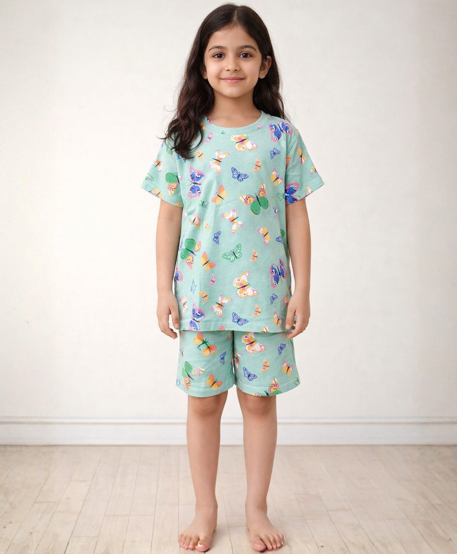 Anthrilo 100% Organic Cotton Knit Half Sleeves Butterfly Printed Tee & Coordinating Shorts Set - Green-picture-11