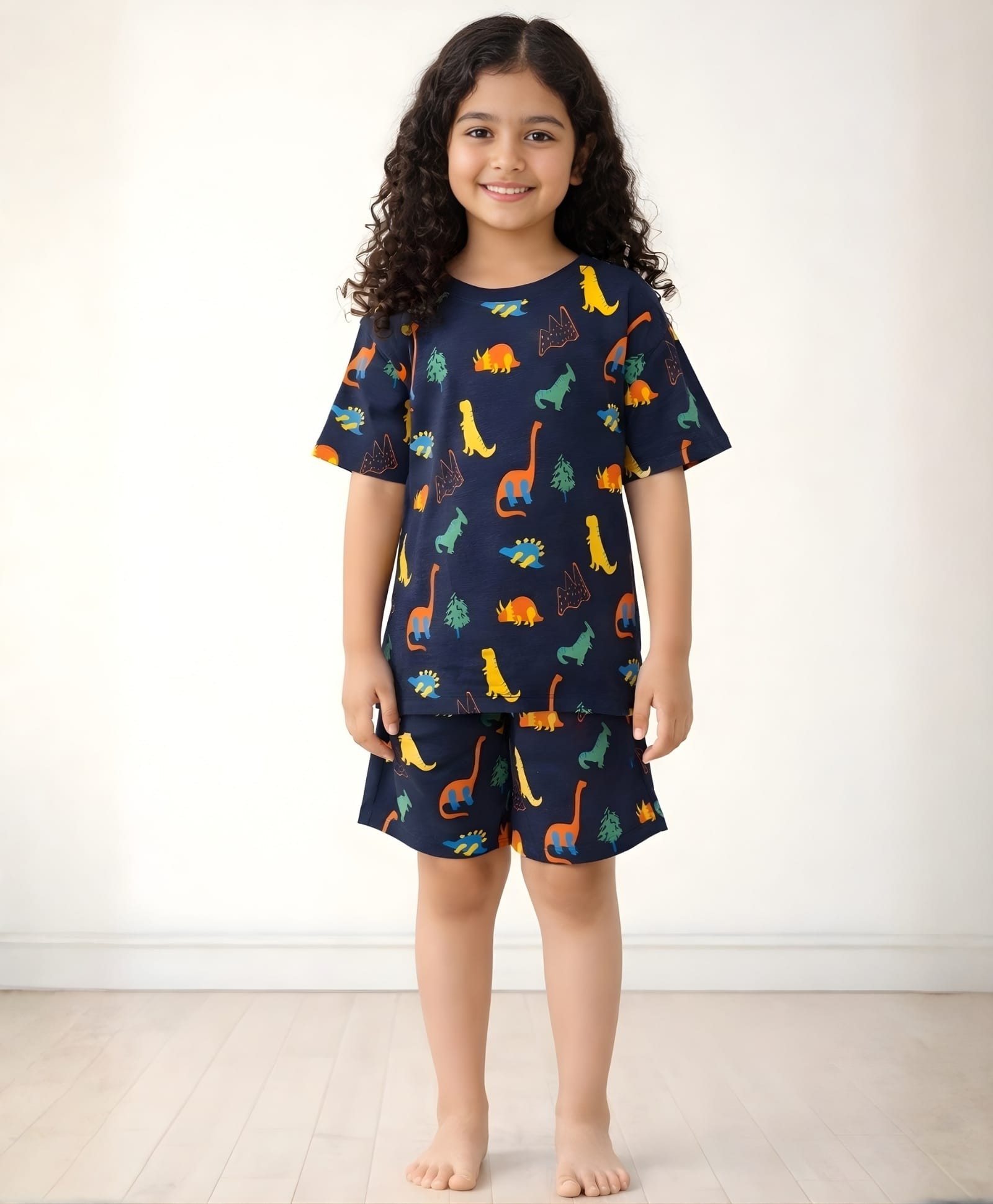 Anthrilo 100% Cotton Knit Half Sleeves Dinosaur Printed Tee & Coordinating Shorts Set - Navy Blue-picture-18