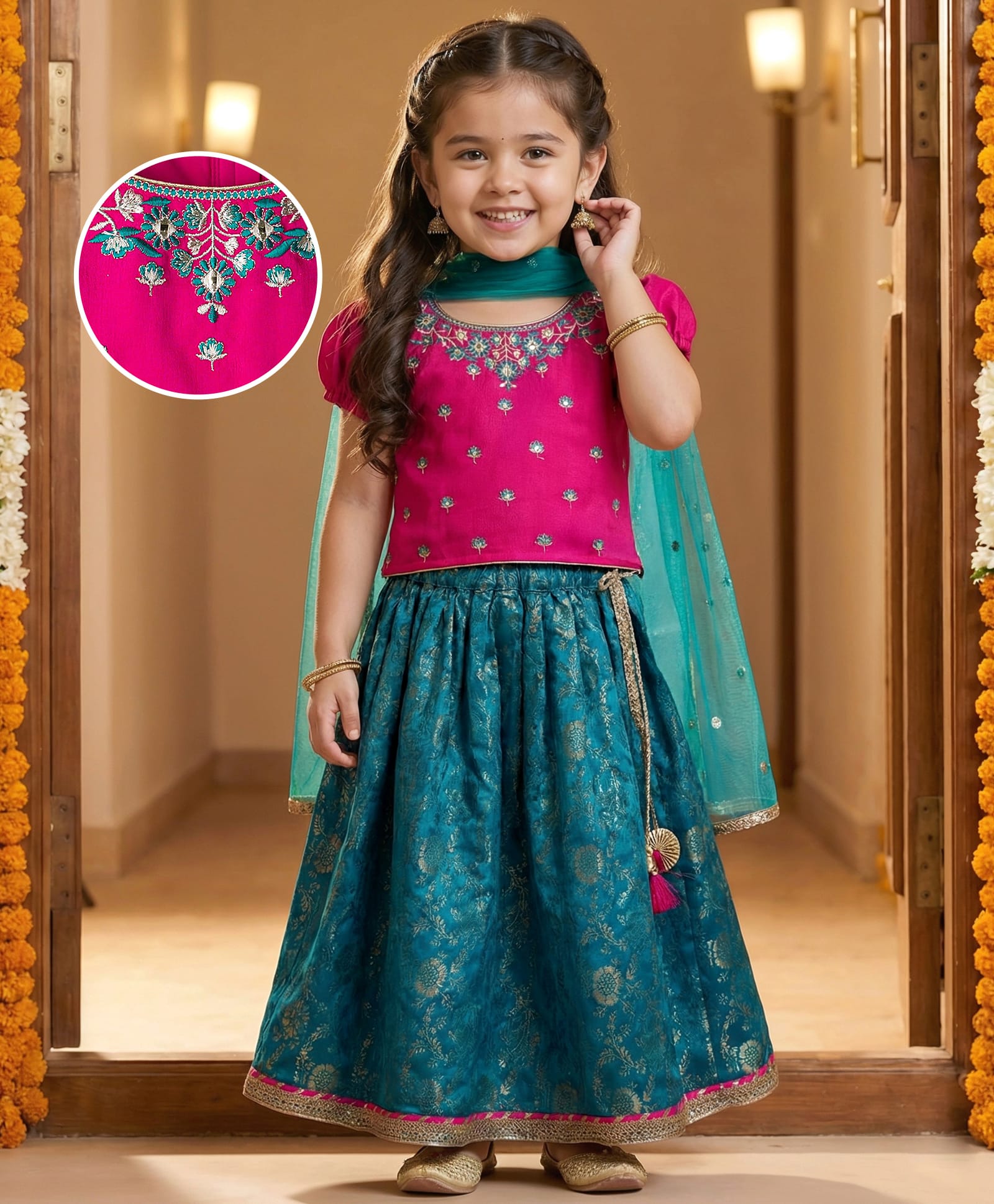 Babyhug Brocade Woven Half Puffed Sleeves Choli Lehenga & Dupatta Set with Floral Embroidery - Pink & Teal Blue-image-25