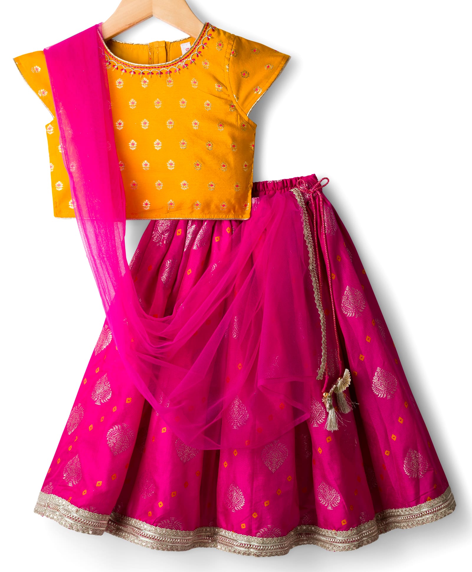 Babyhug Brocade Woven Cap Sleeves Choli Lehenga & Dupatta Set with Floral Foil Print - Hot Pink & Yellow-image-34