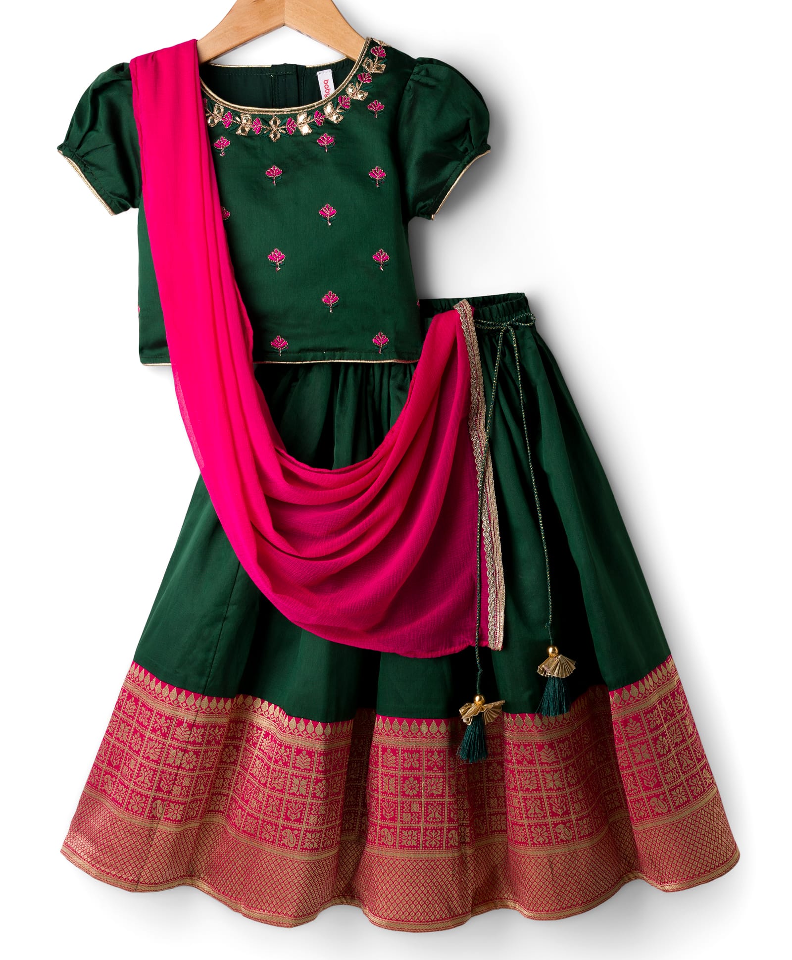 Babyhug Woven Half Puffed Sleeves Choli Lehenga & Dupatta Set with Floral Embroidery - Dark Green-image-10