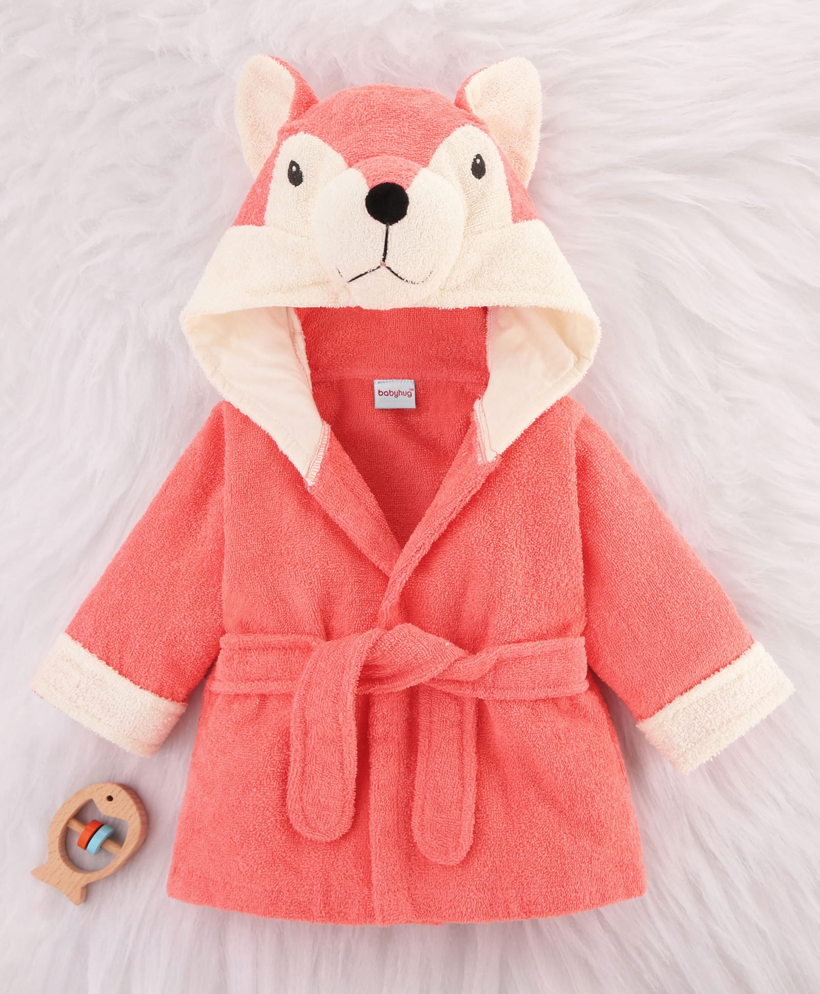 Babyhug Cotton Terry Woven Full Sleeves Hooded Bathrobe with Fox Embroidery - Pink-image-10