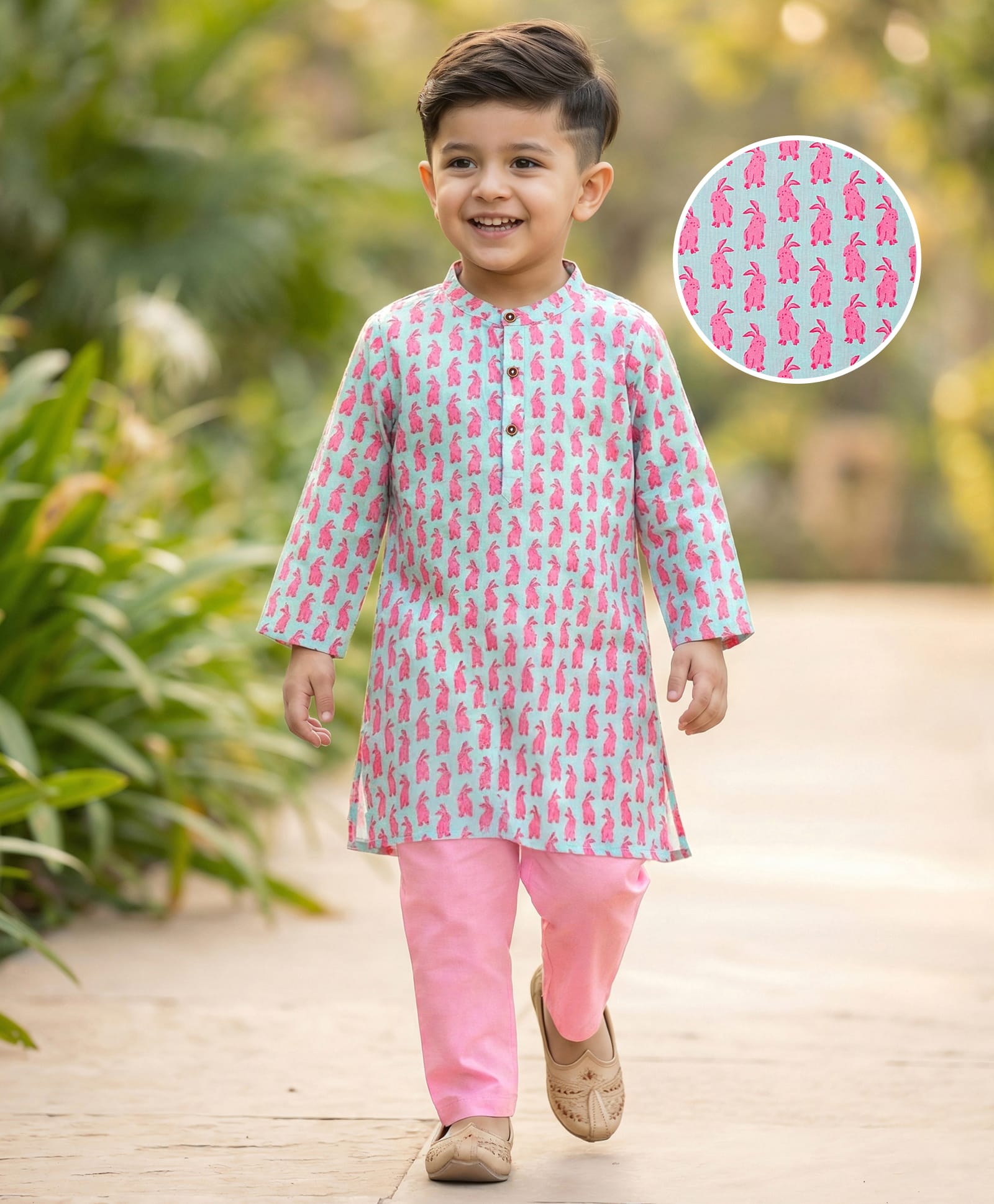 Babyhug Cotton Woven Full Sleeves Kurta Pajama Set with Bunny Print - Light Blue & Pink-image-14